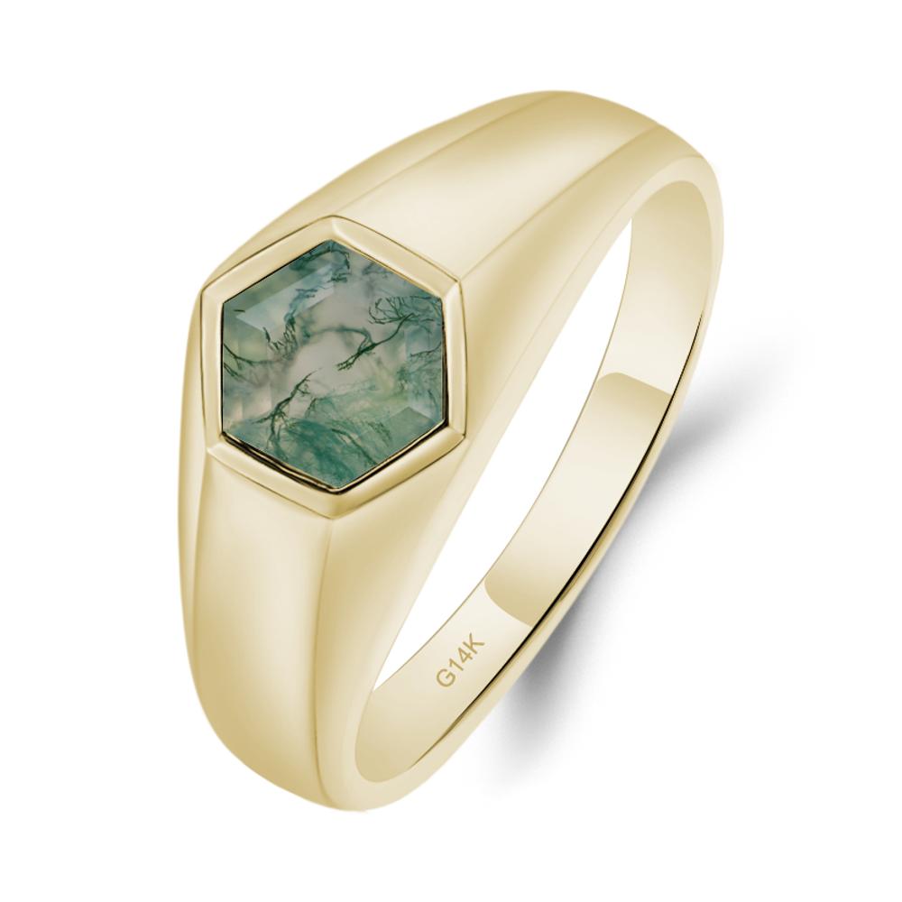 Hexagon Moss Agate Bezel Men's Ring - LUO Jewelry #metal_14k yellow gold