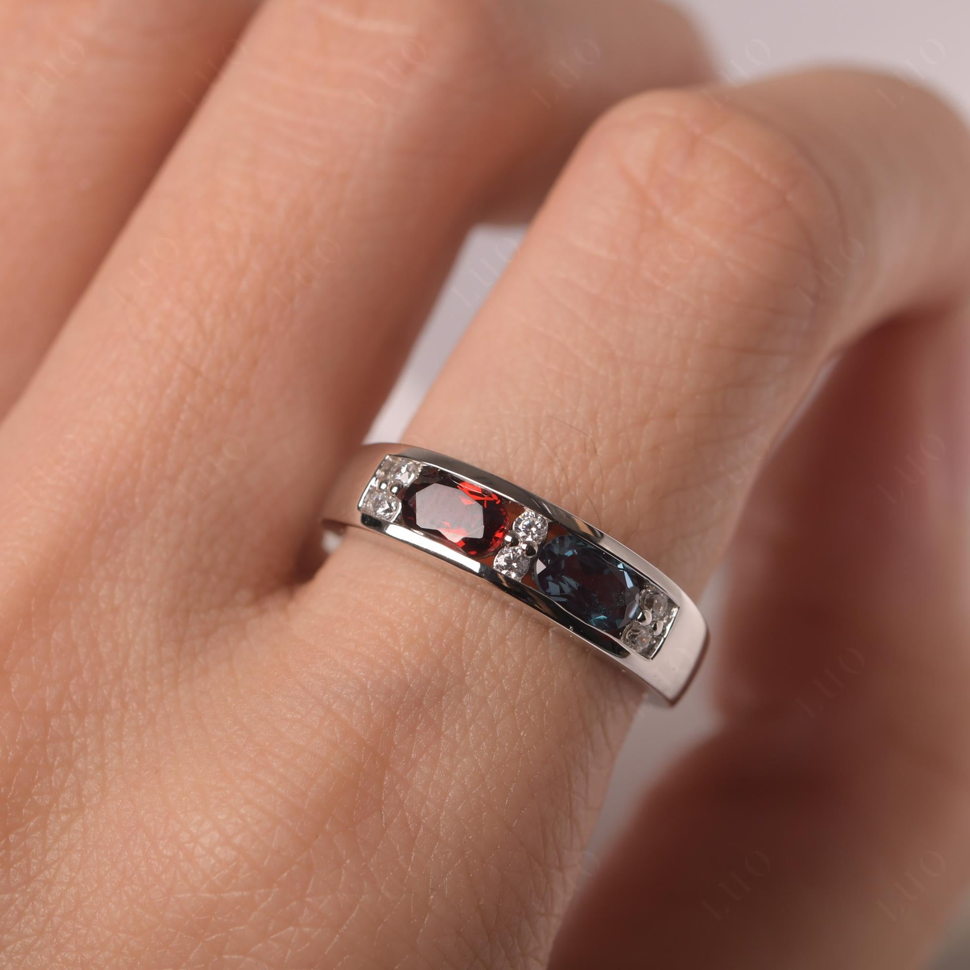 Oval Cut Lab Created Alexandrite and Garnet Toi Et Moi Wide Band Ring - LUO Jewelry