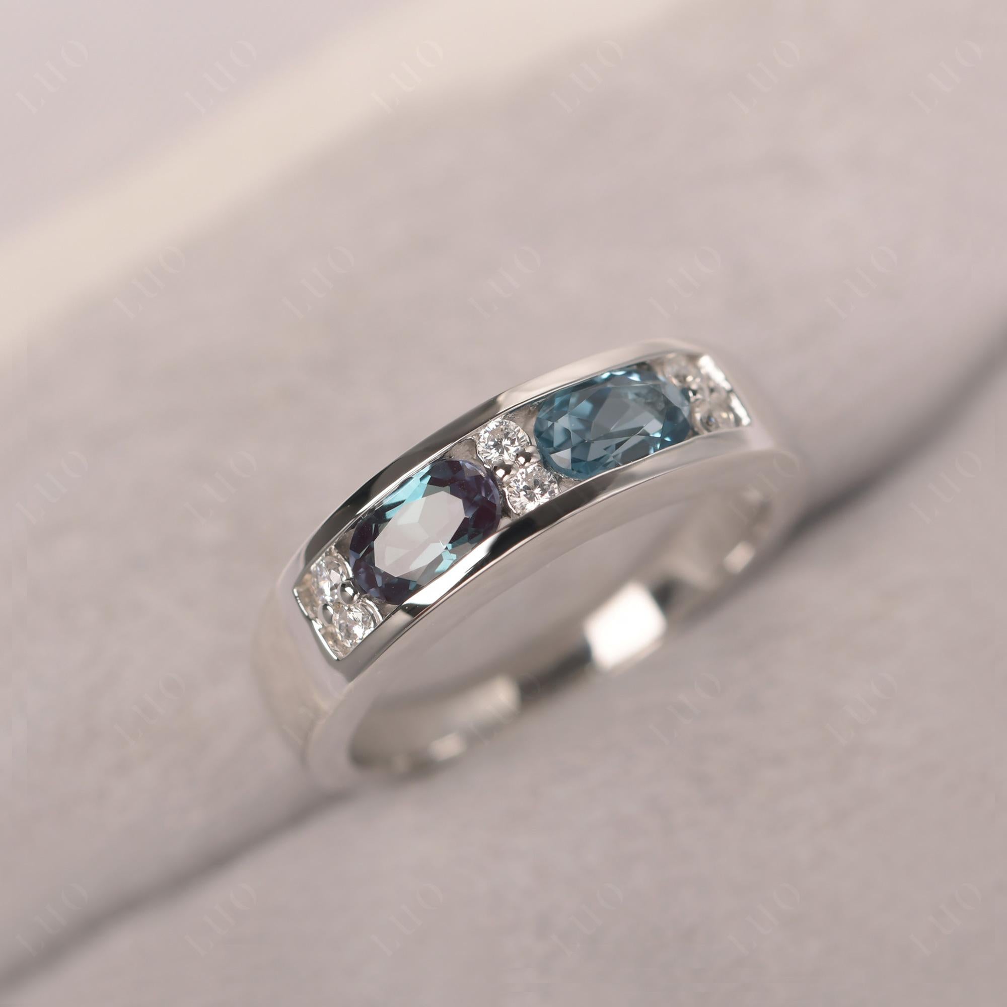 Oval Cut Lab Alexandrite and London Blue Topaz Toi Et Moi Wide Band Ring - LUO Jewelry