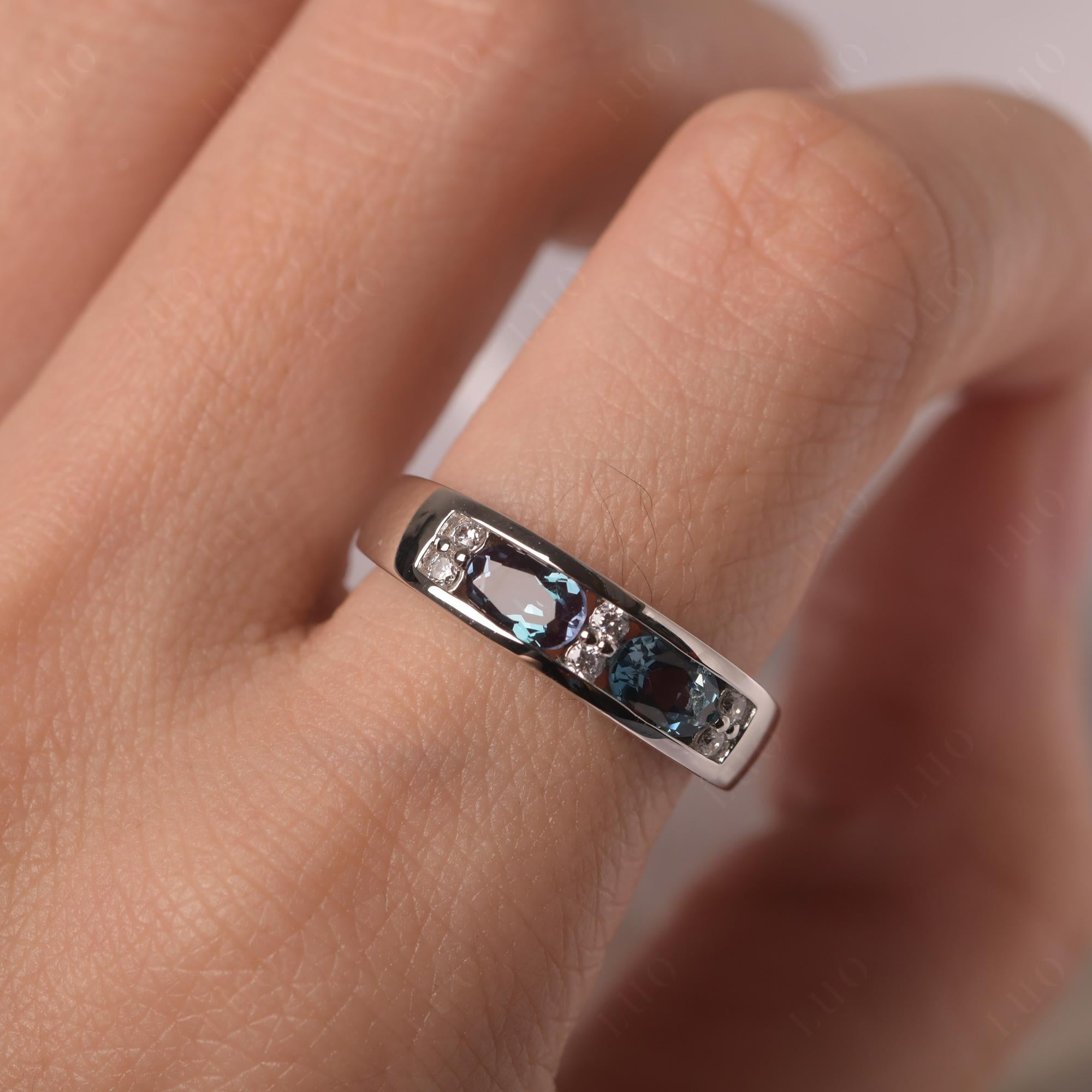 Oval Cut Lab Alexandrite and London Blue Topaz Toi Et Moi Wide Band Ring - LUO Jewelry