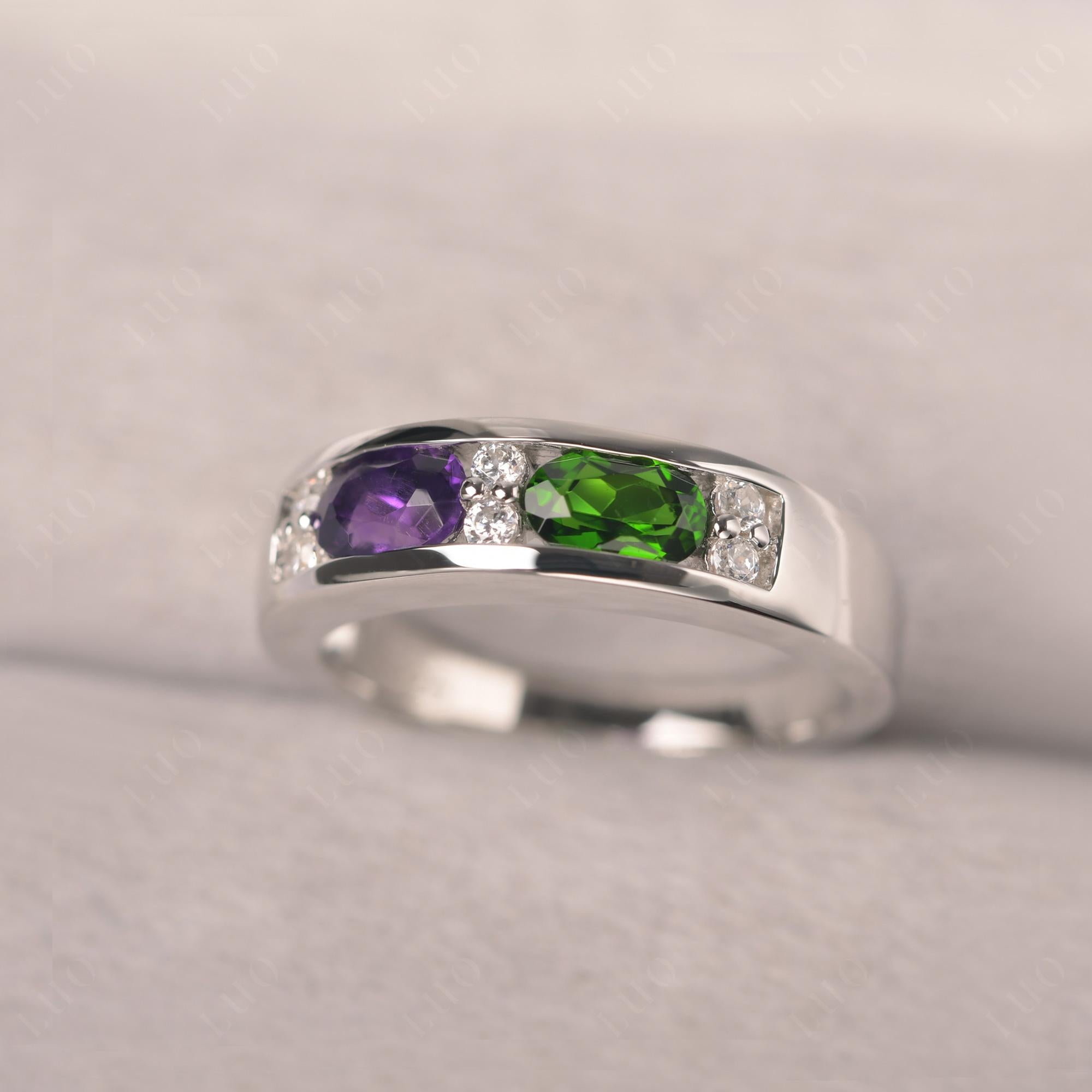 Oval Cut Amethyst and Diopside Toi Et Moi Wide Band Ring - LUO Jewelry