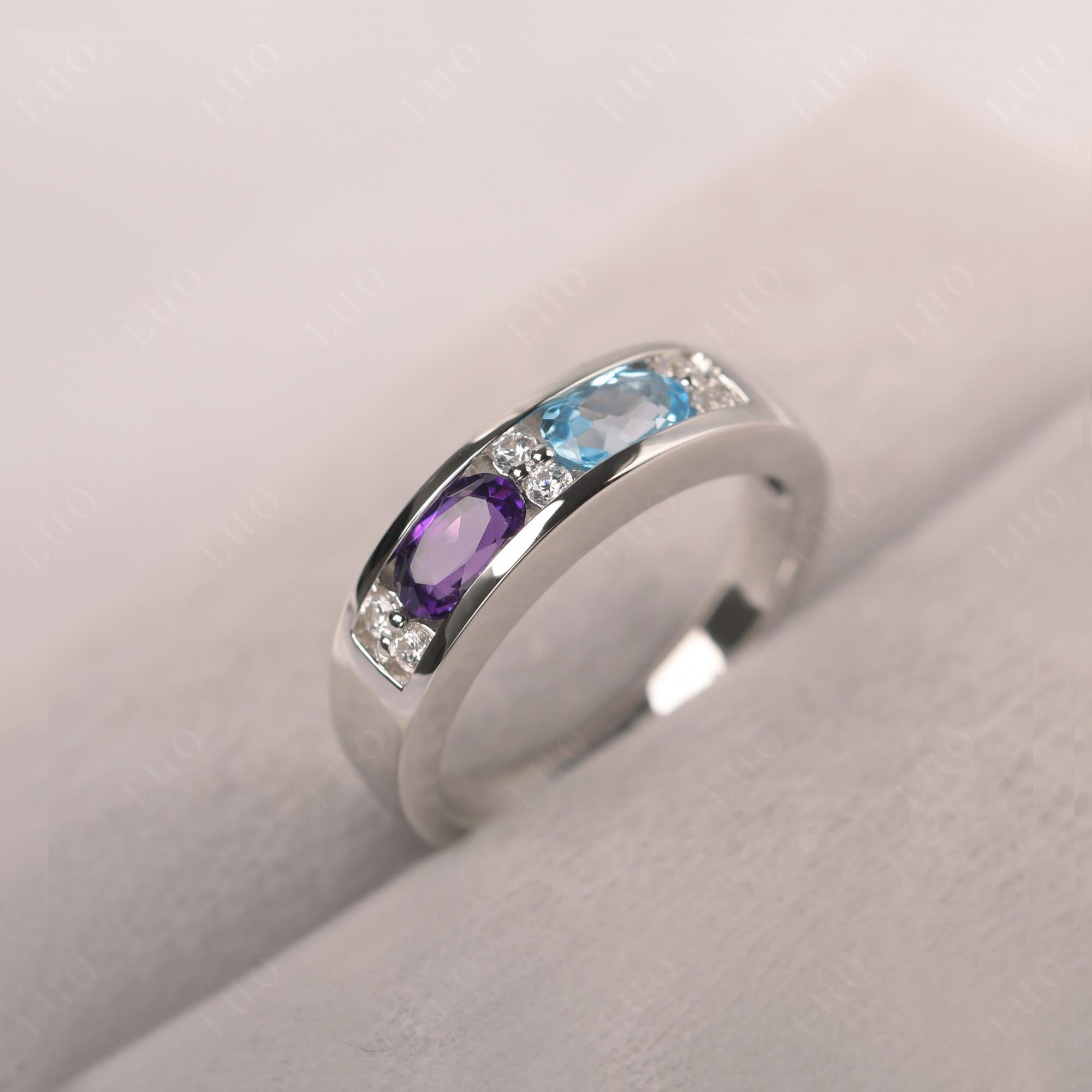 Oval Cut Amethyst and Swiss Blue Topaz Toi Et Moi Wide Band Ring - LUO Jewelry