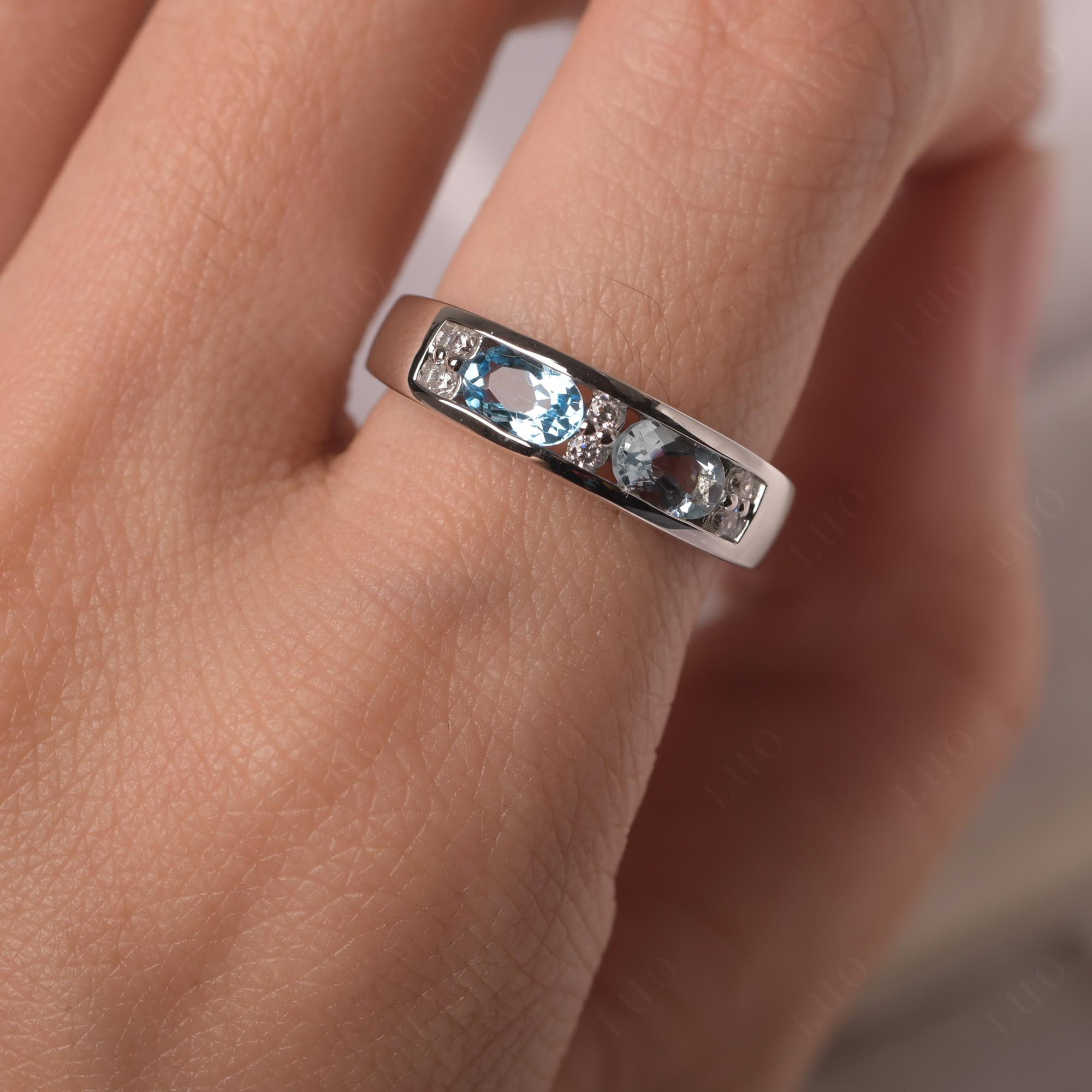 Oval Cut Aquamarine and Swiss Blue Topaz Toi Et Moi Wide Band Ring - LUO Jewelry