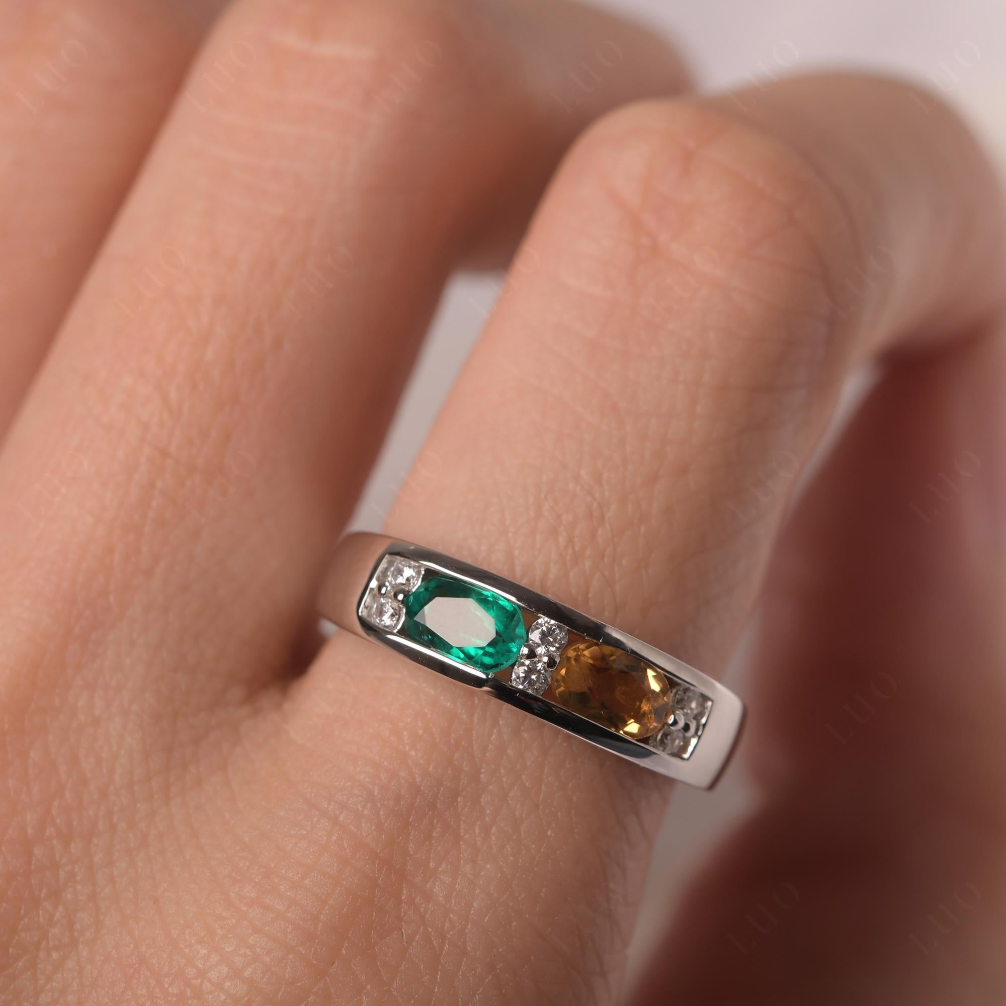 Oval Cut Citrine and Emerald Toi Et Moi Wide Band Ring - LUO Jewelry