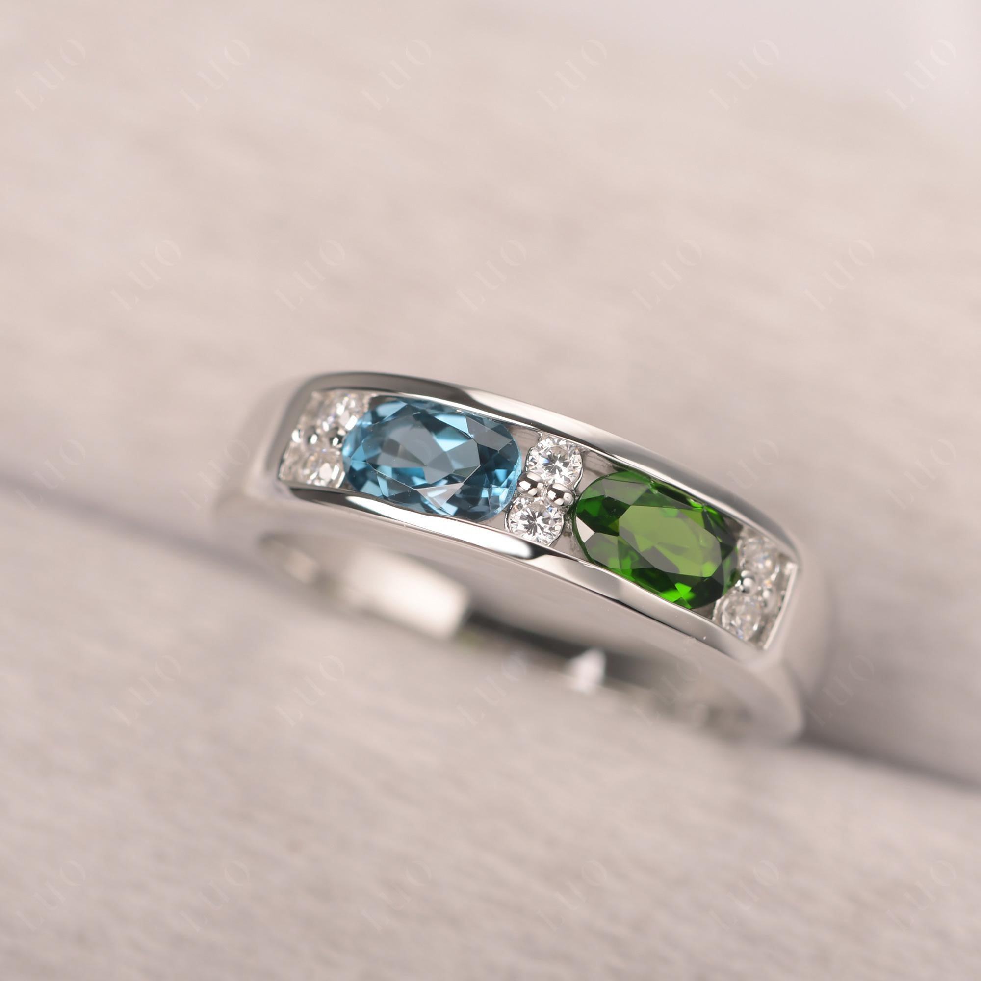 Oval Cut Diopside and London Blue Topaz Toi Et Moi Wide Band Ring - LUO Jewelry