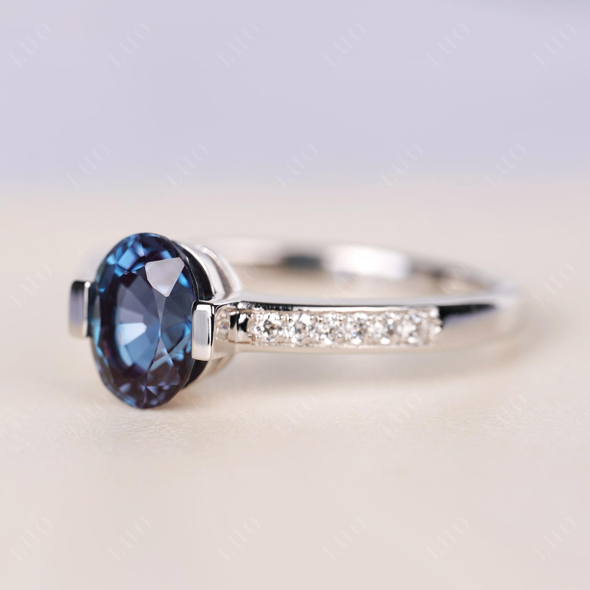 Oval Alexandrite Engagement Ring Half Bezel Set | LUO Jewelry