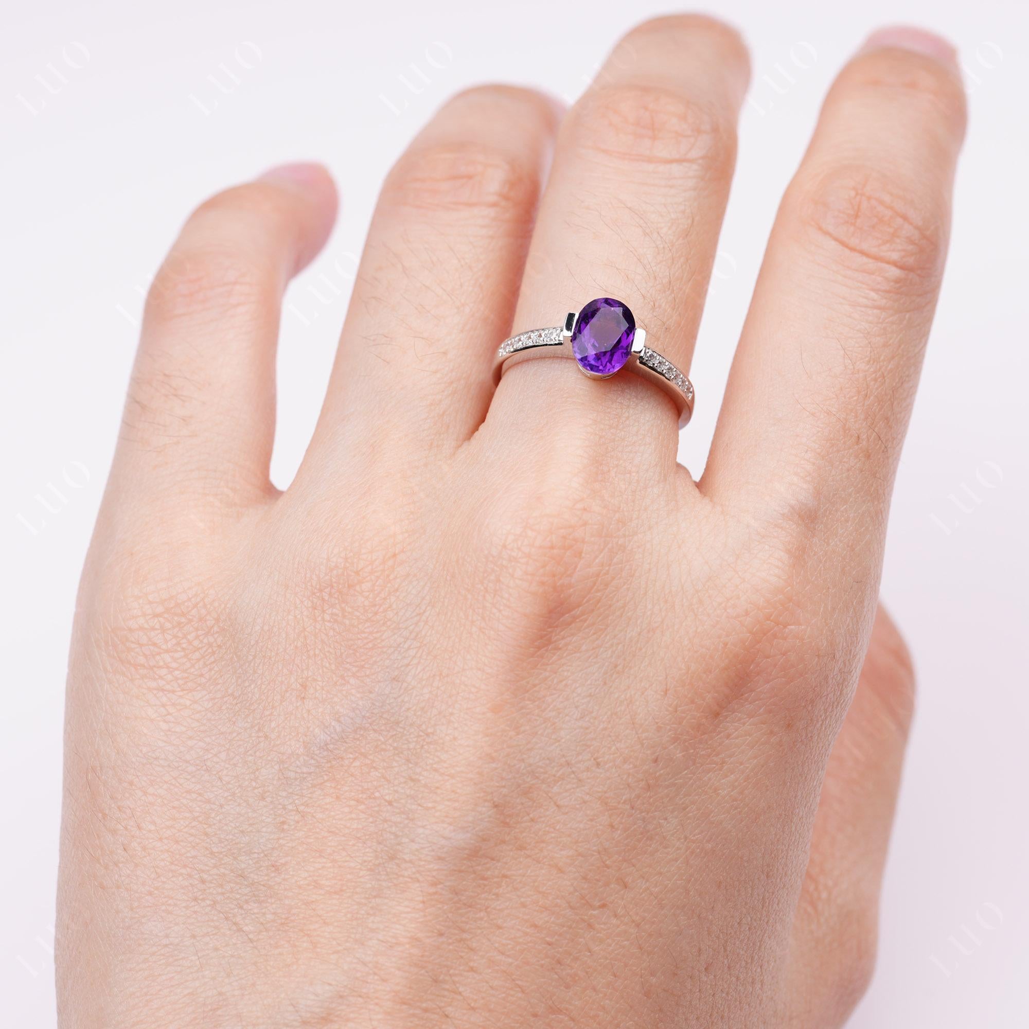 Oval Amethyst Engagement Ring Half Bezel Set | LUO Jewelry