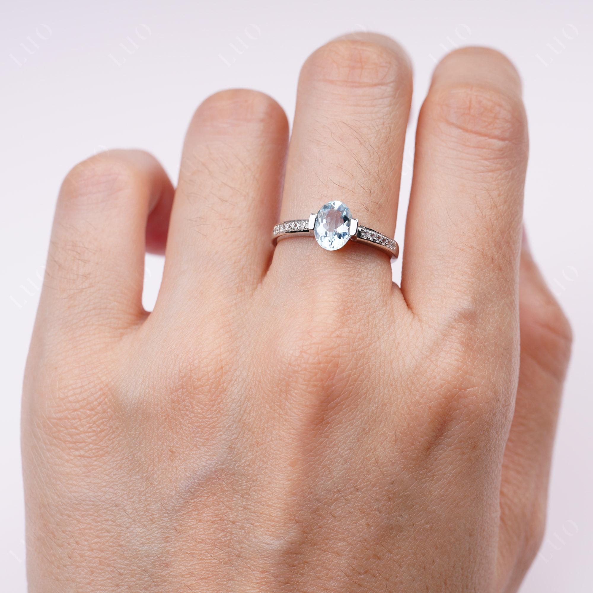 Oval Aquamarine Engagement Ring Half Bezel Set | LUO Jewelry