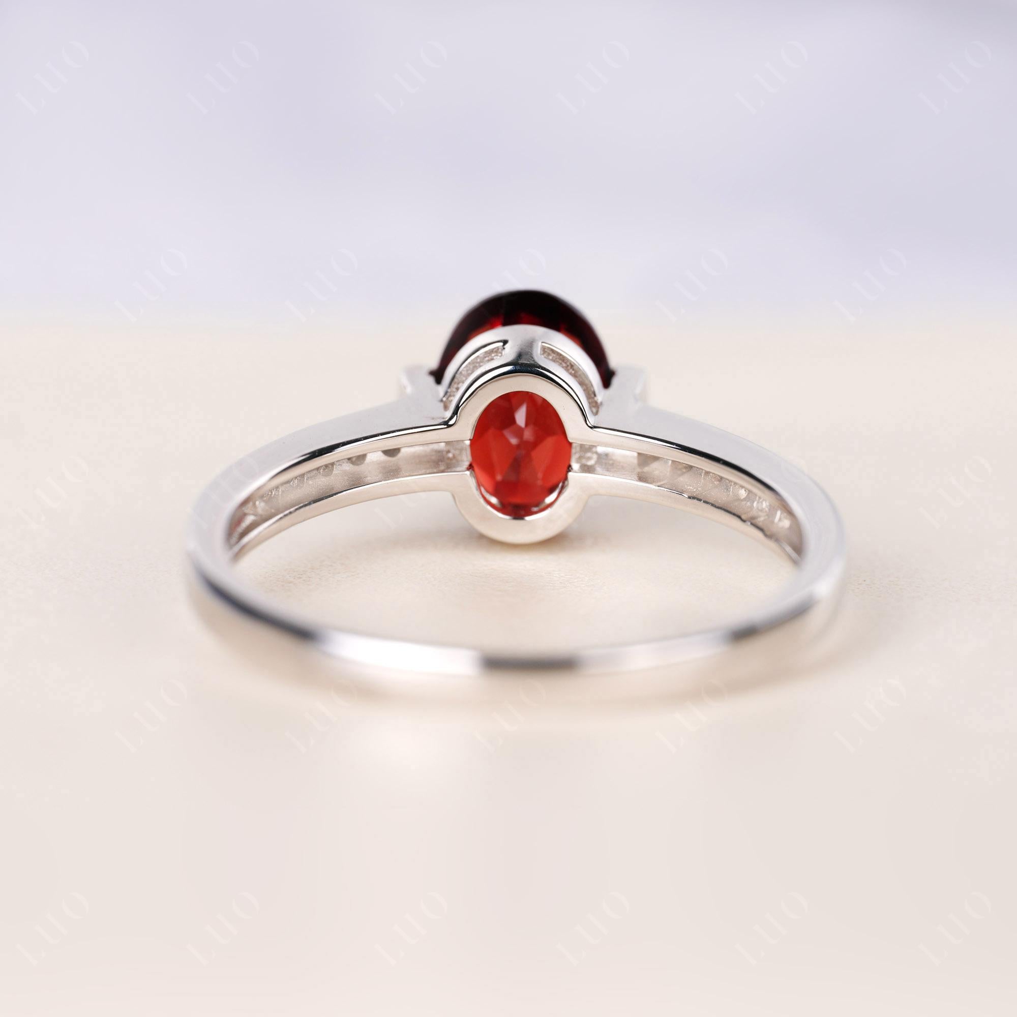 Oval Garnet Engagement Ring Half Bezel Set | LUO Jewelry