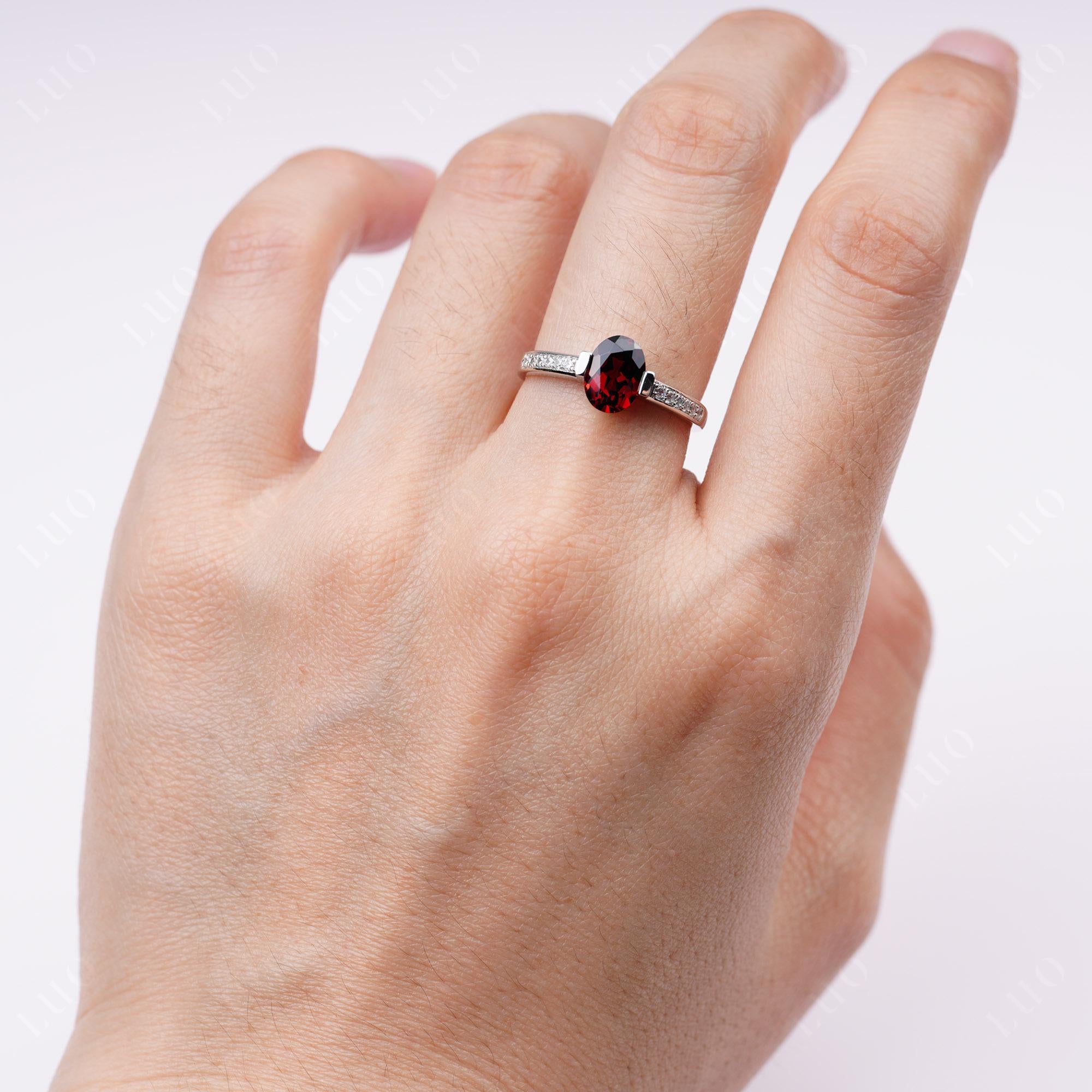 Oval Garnet Engagement Ring Half Bezel Set | LUO Jewelry