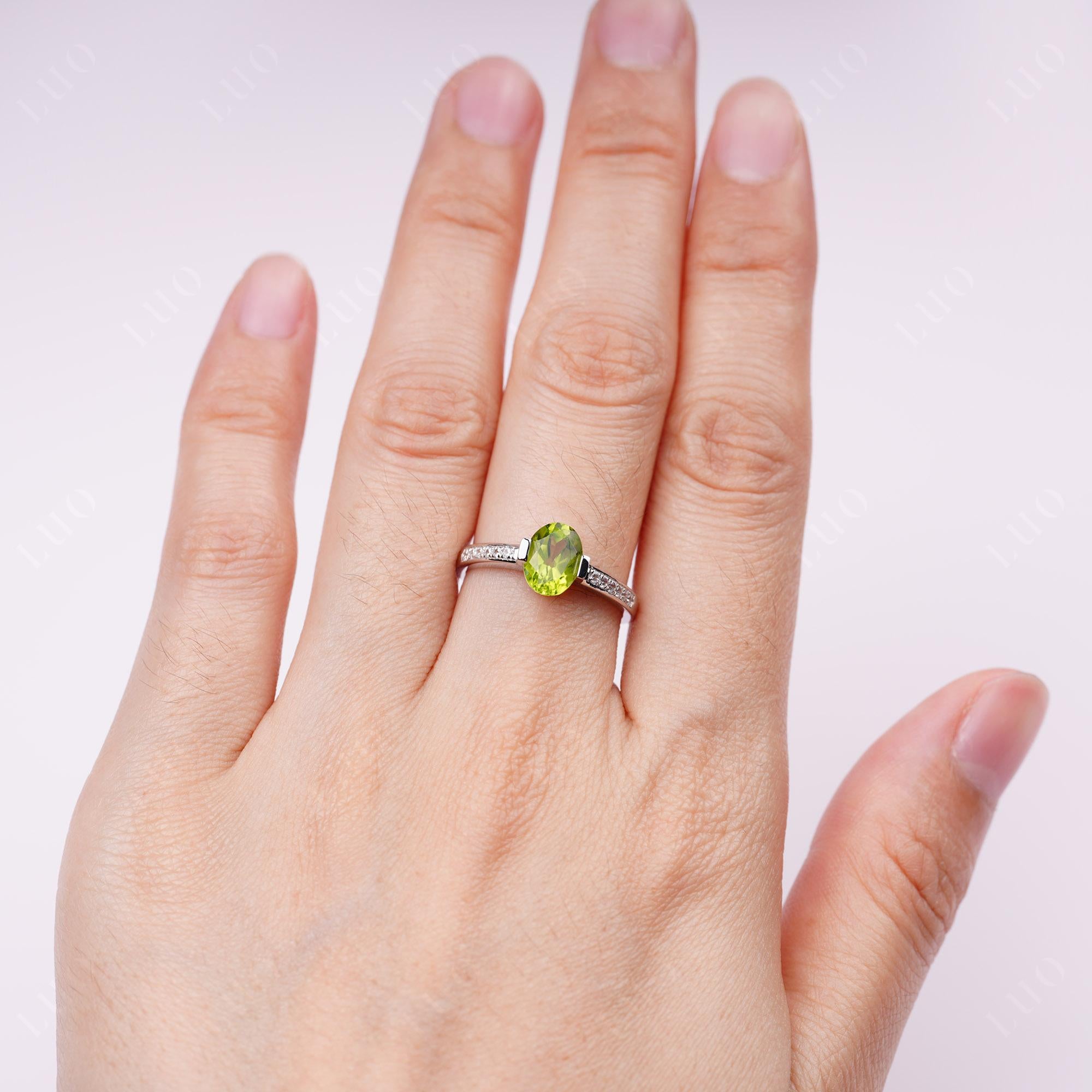 Oval Peridot Engagement Ring Half Bezel Set | LUO Jewelry