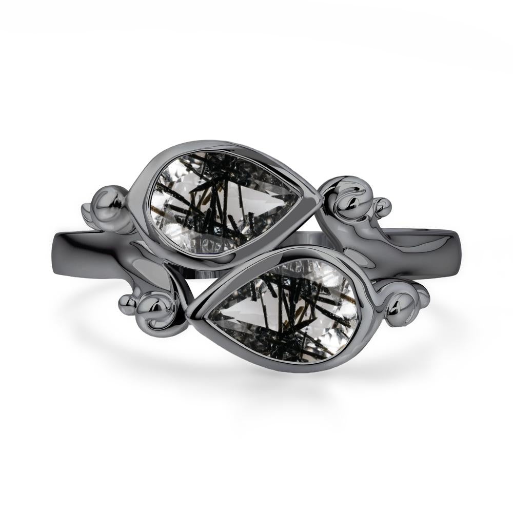 Black Rutilated Quartz Two Stone Bezel Set Ring - LUO Jewelry #metal_black finish sterling silver