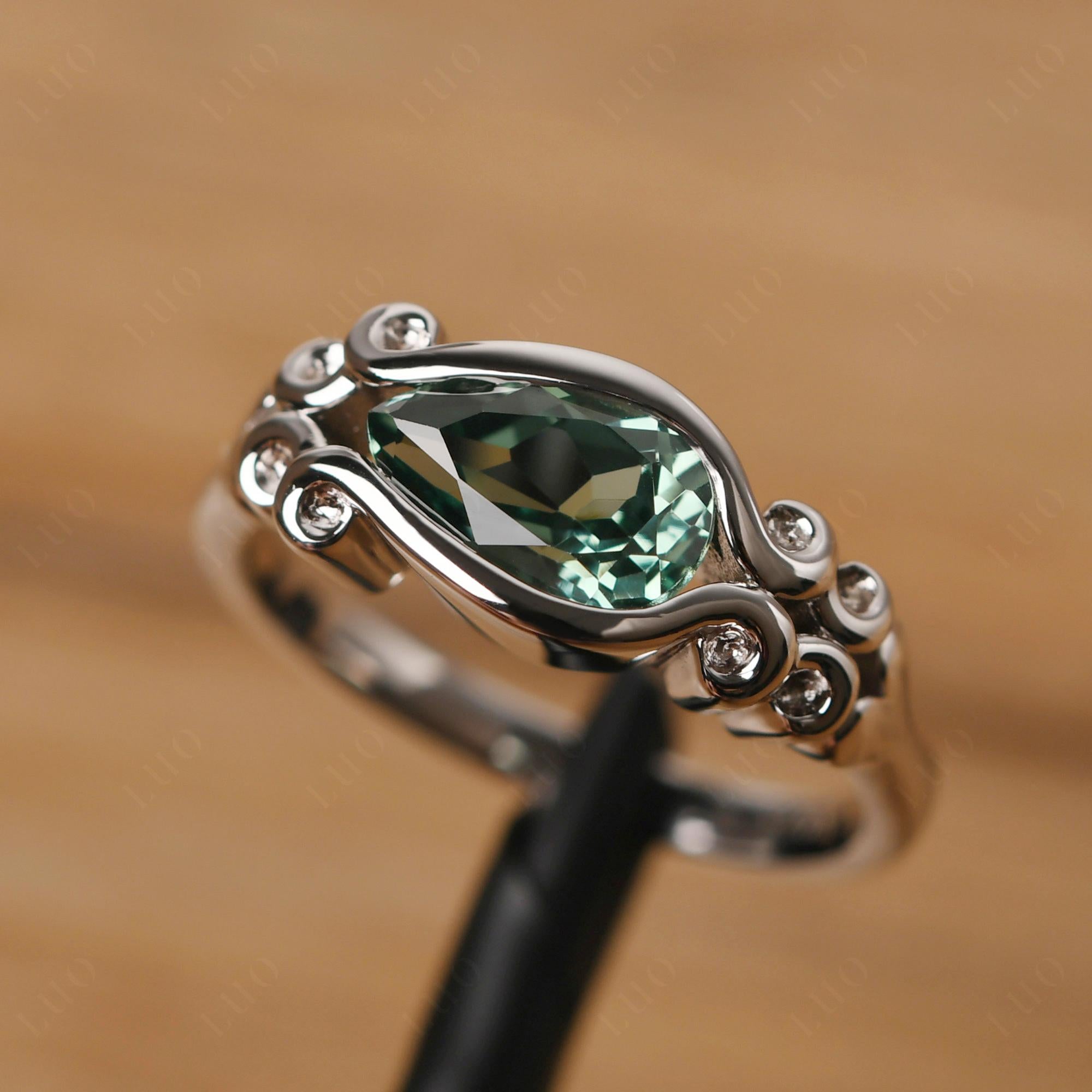 Pear Shaped Green Sapphire Scroll Ring - LUO Jewelry