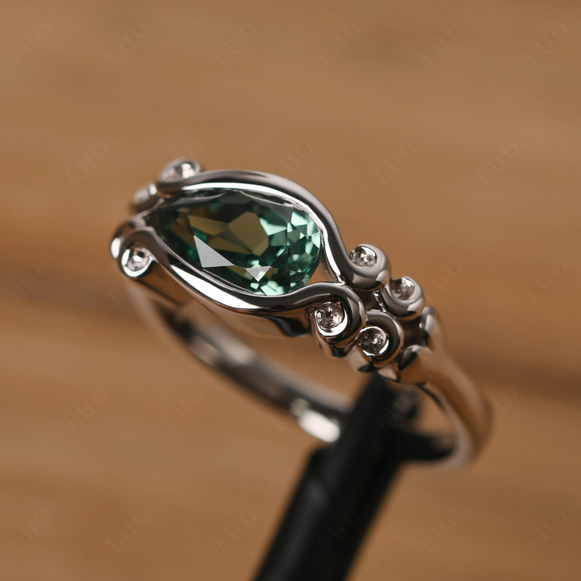 Pear Shaped Green Sapphire Scroll Ring - LUO Jewelry