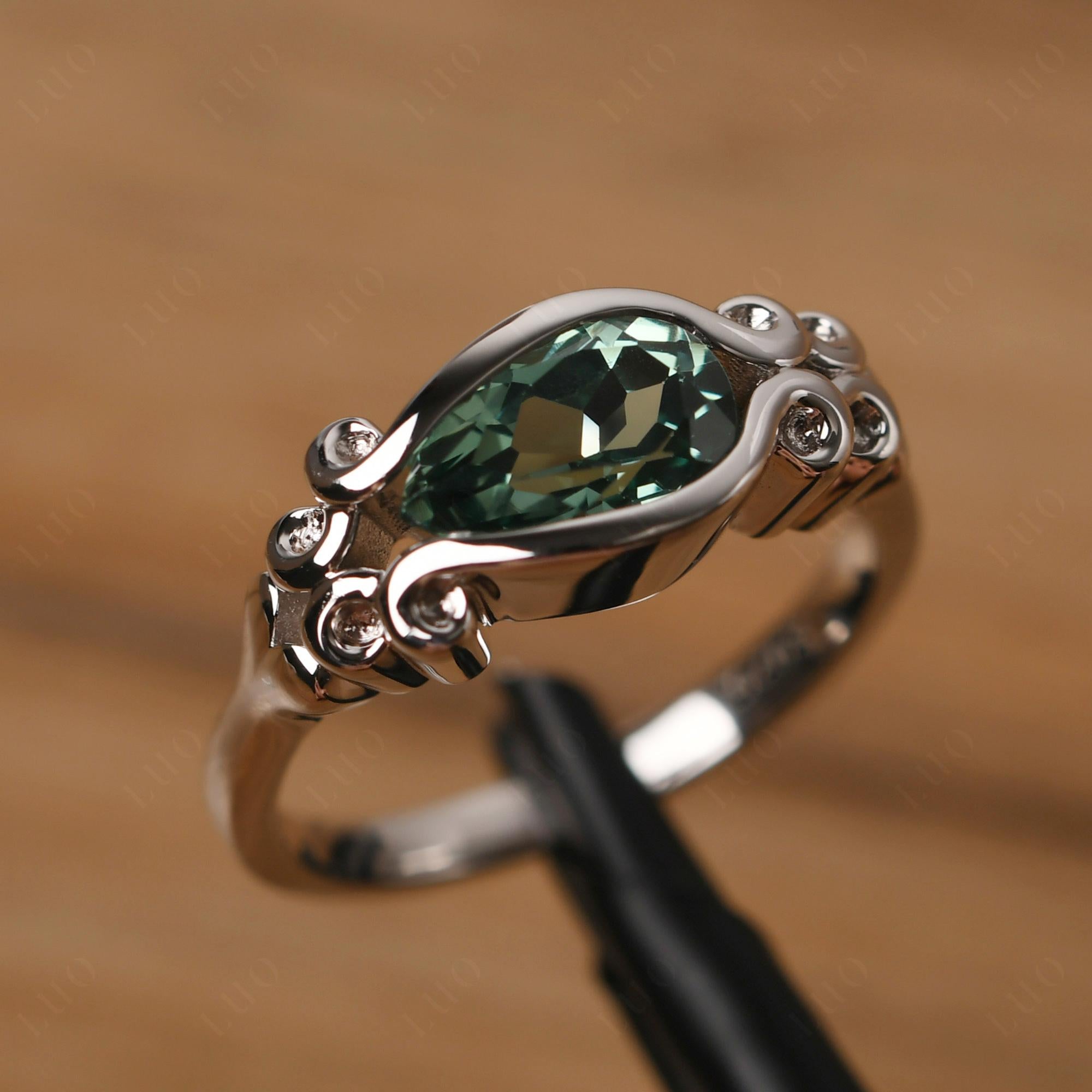 Pear Shaped Green Sapphire Scroll Ring - LUO Jewelry