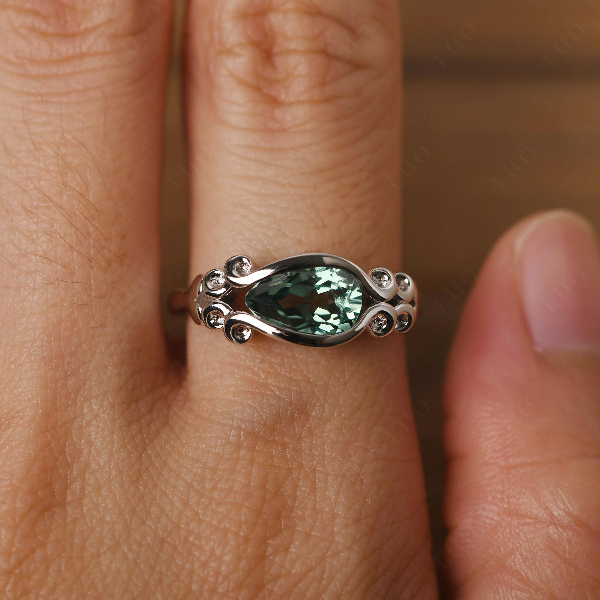 Pear Shaped Green Sapphire Scroll Ring - LUO Jewelry