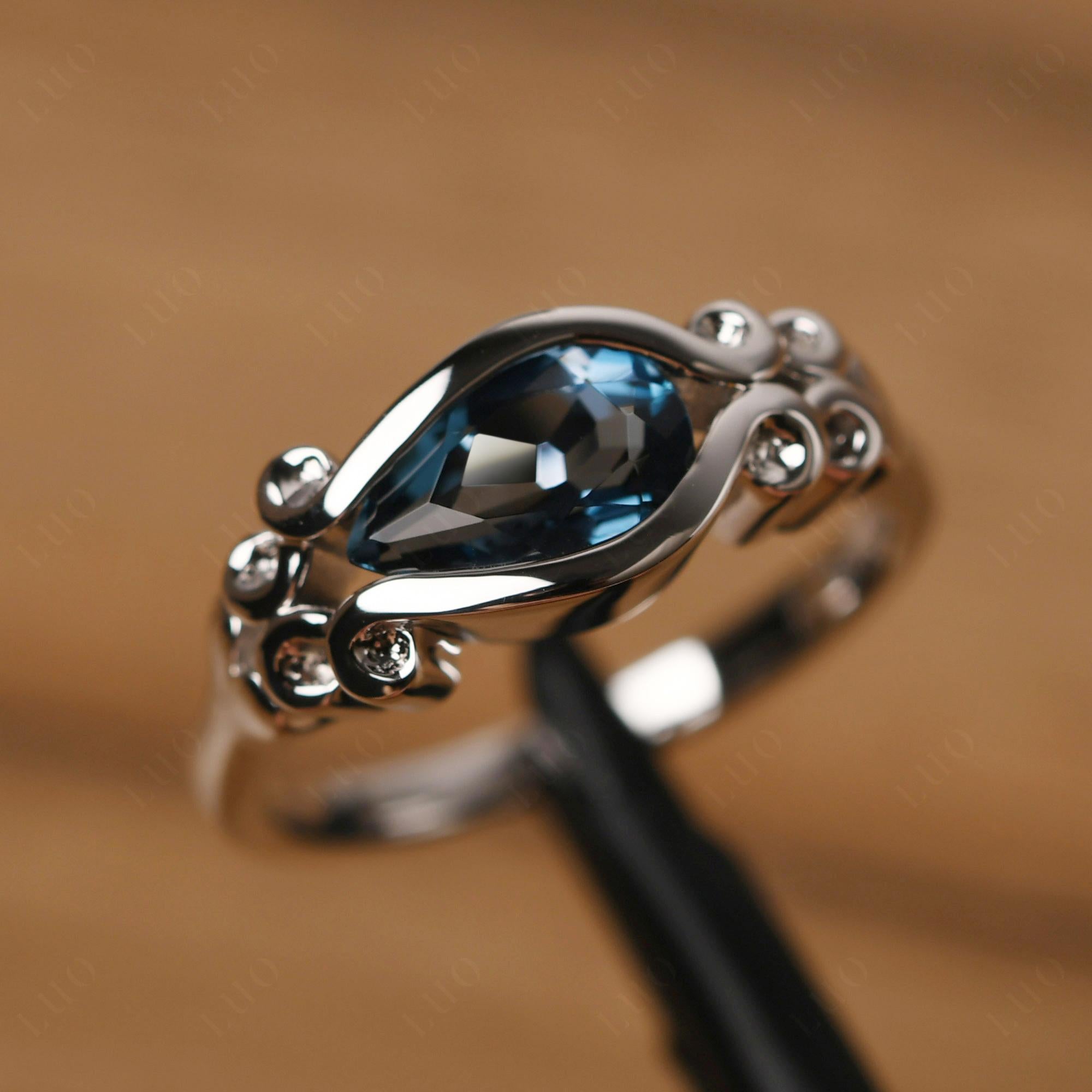 Pear Shaped London Blue Topaz Scroll Ring - LUO Jewelry