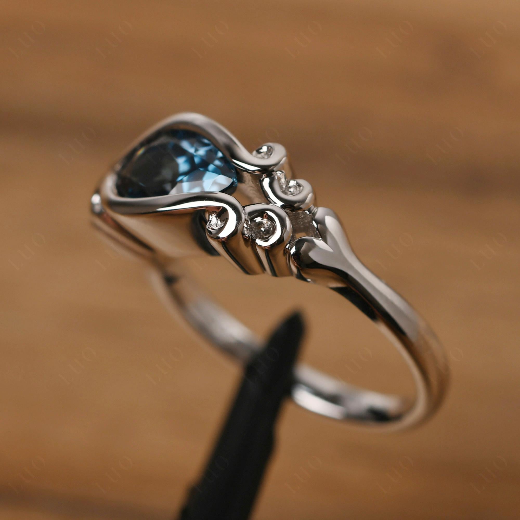 Pear Shaped London Blue Topaz Scroll Ring - LUO Jewelry