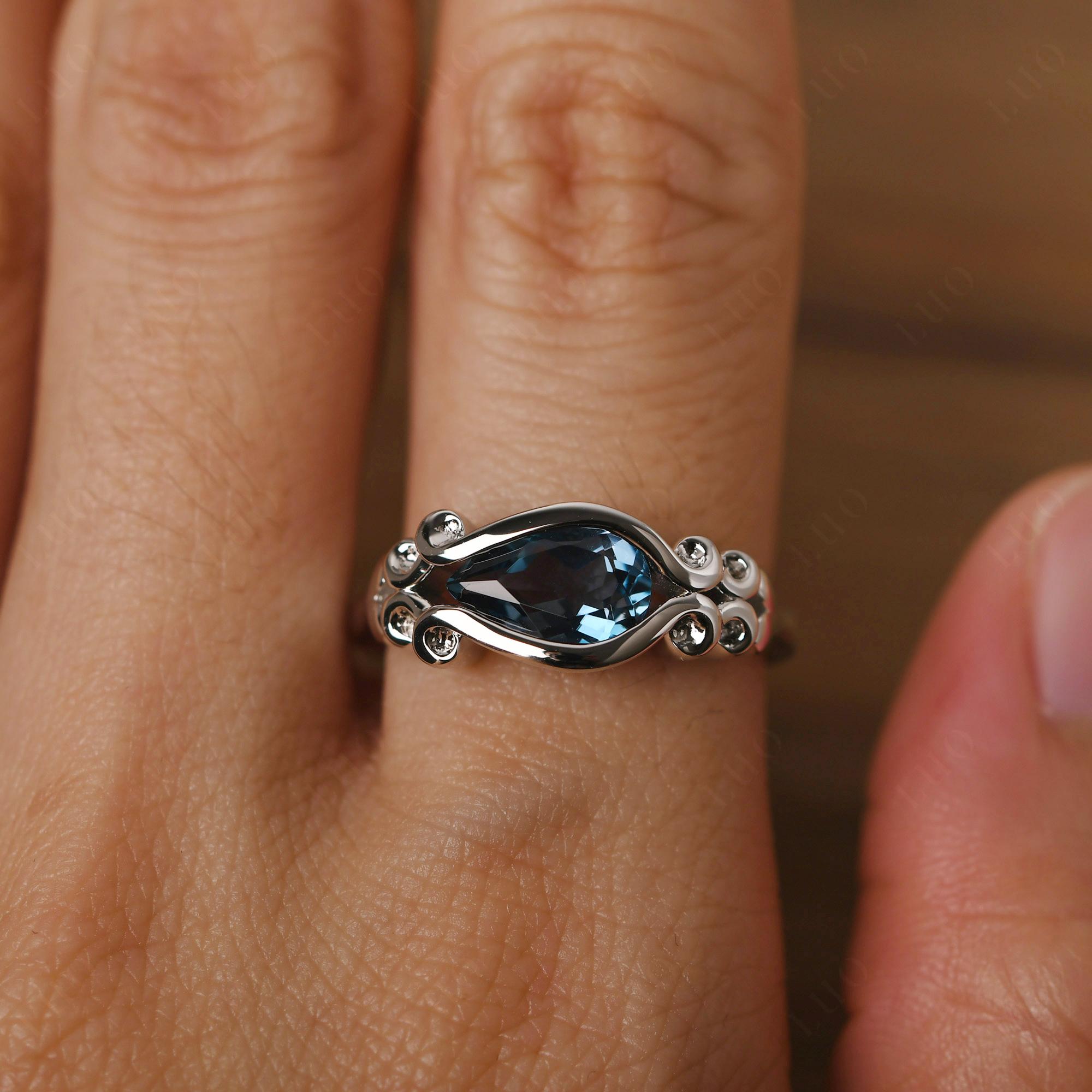 Pear Shaped London Blue Topaz Scroll Ring - LUO Jewelry