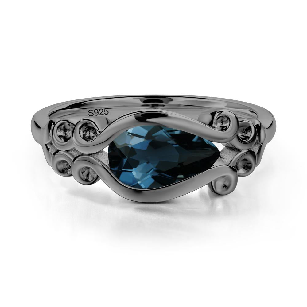 Pear Shaped London Blue Topaz Scroll Ring - LUO Jewelry #metal_black finish sterling silver