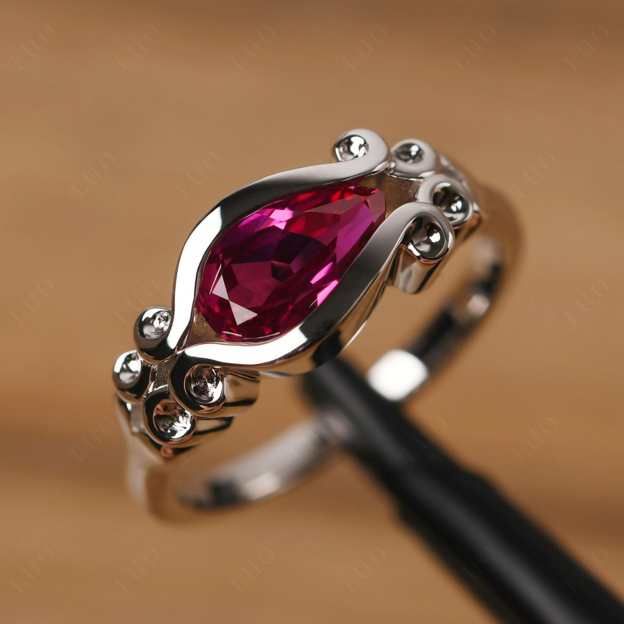 Pear Shaped Ruby Scroll Ring - LUO Jewelry