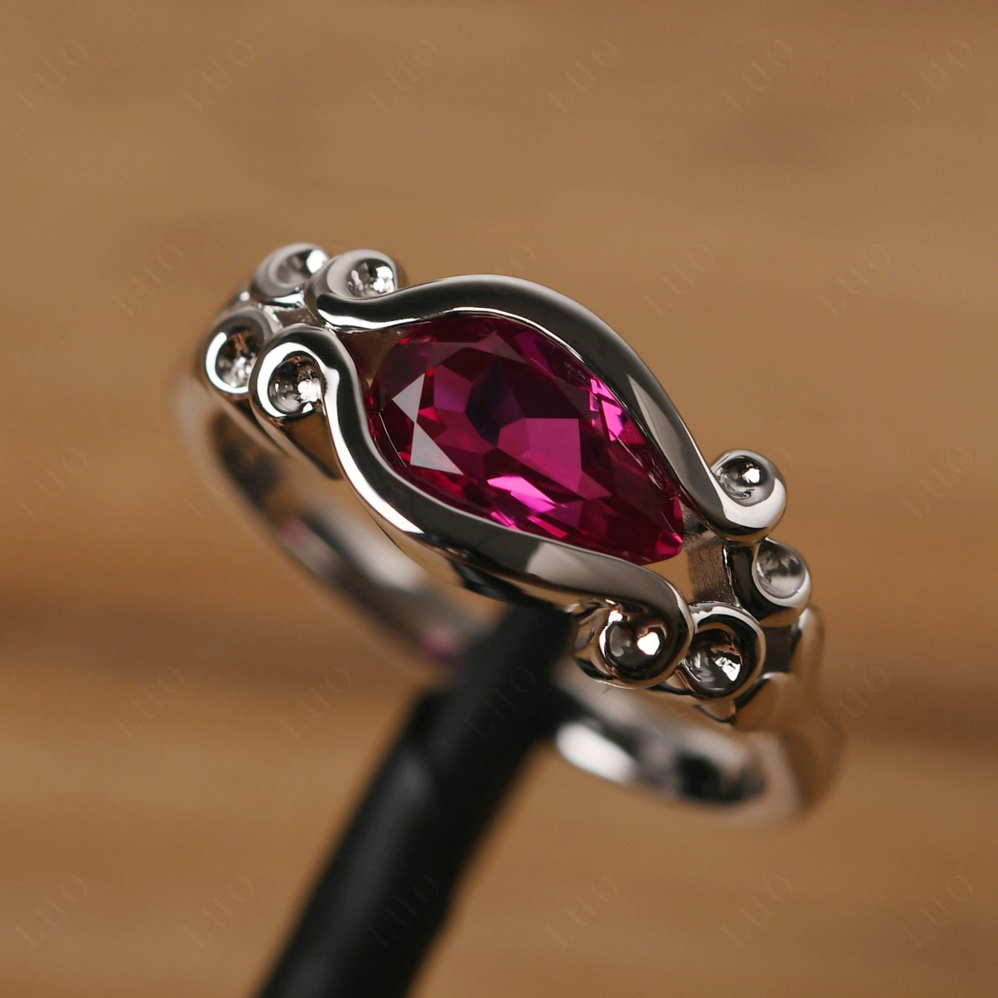 Pear Shaped Ruby Scroll Ring - LUO Jewelry