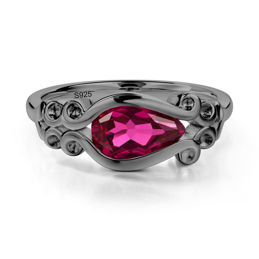 Pear Shaped Ruby Scroll Ring - LUO Jewelry #metal_black finish sterling silver
