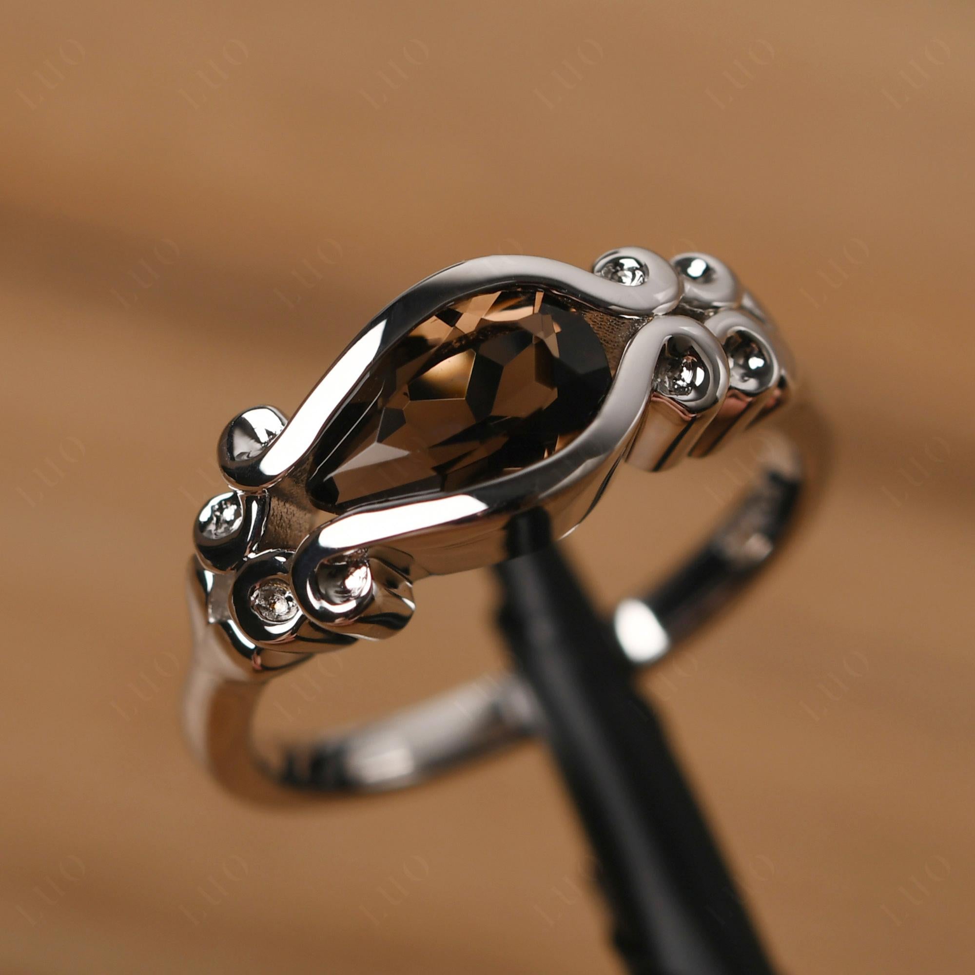 Pear Shaped Smoky Quartz Scroll Ring - LUO Jewelry