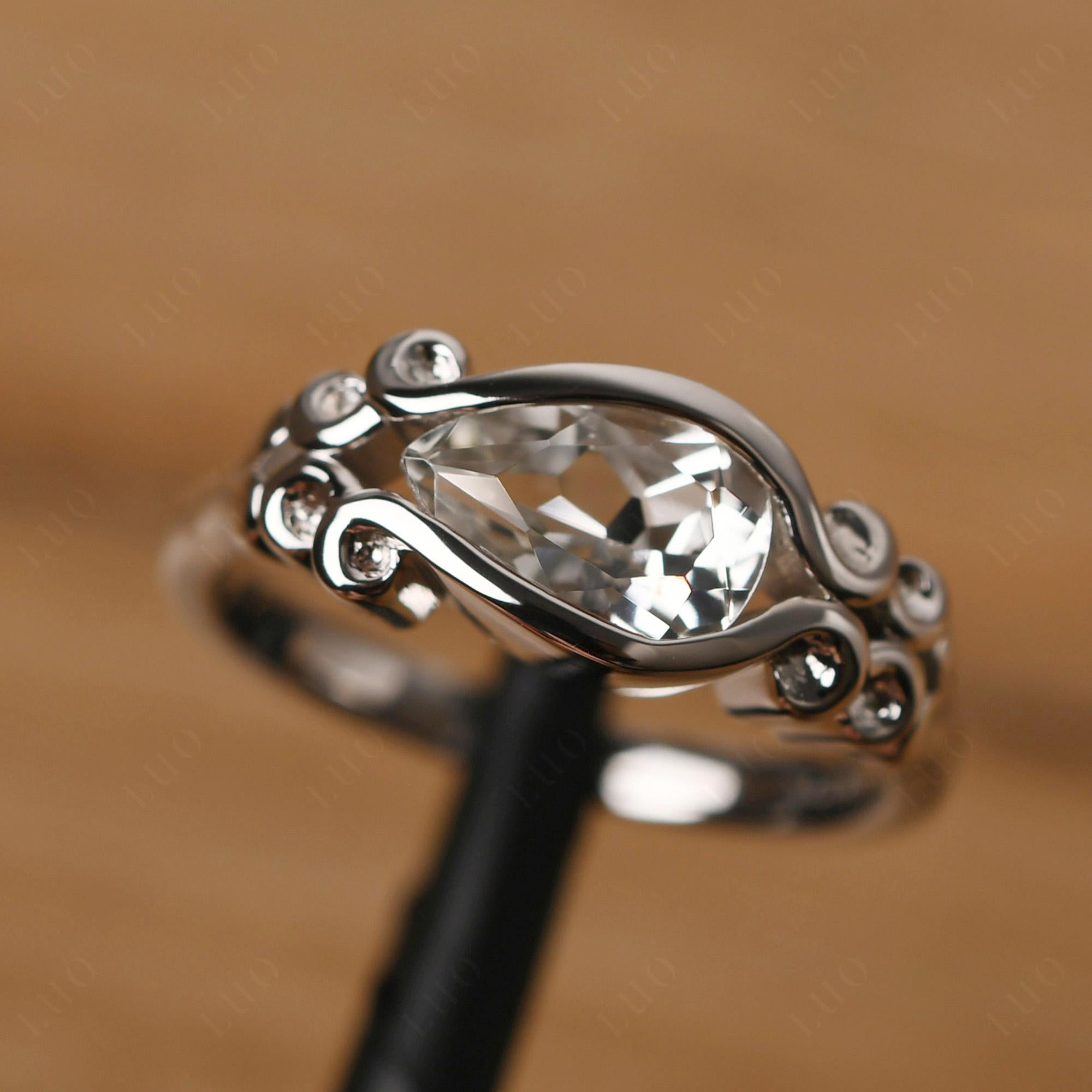 Pear Shaped White Topaz Scroll Ring - LUO Jewelry