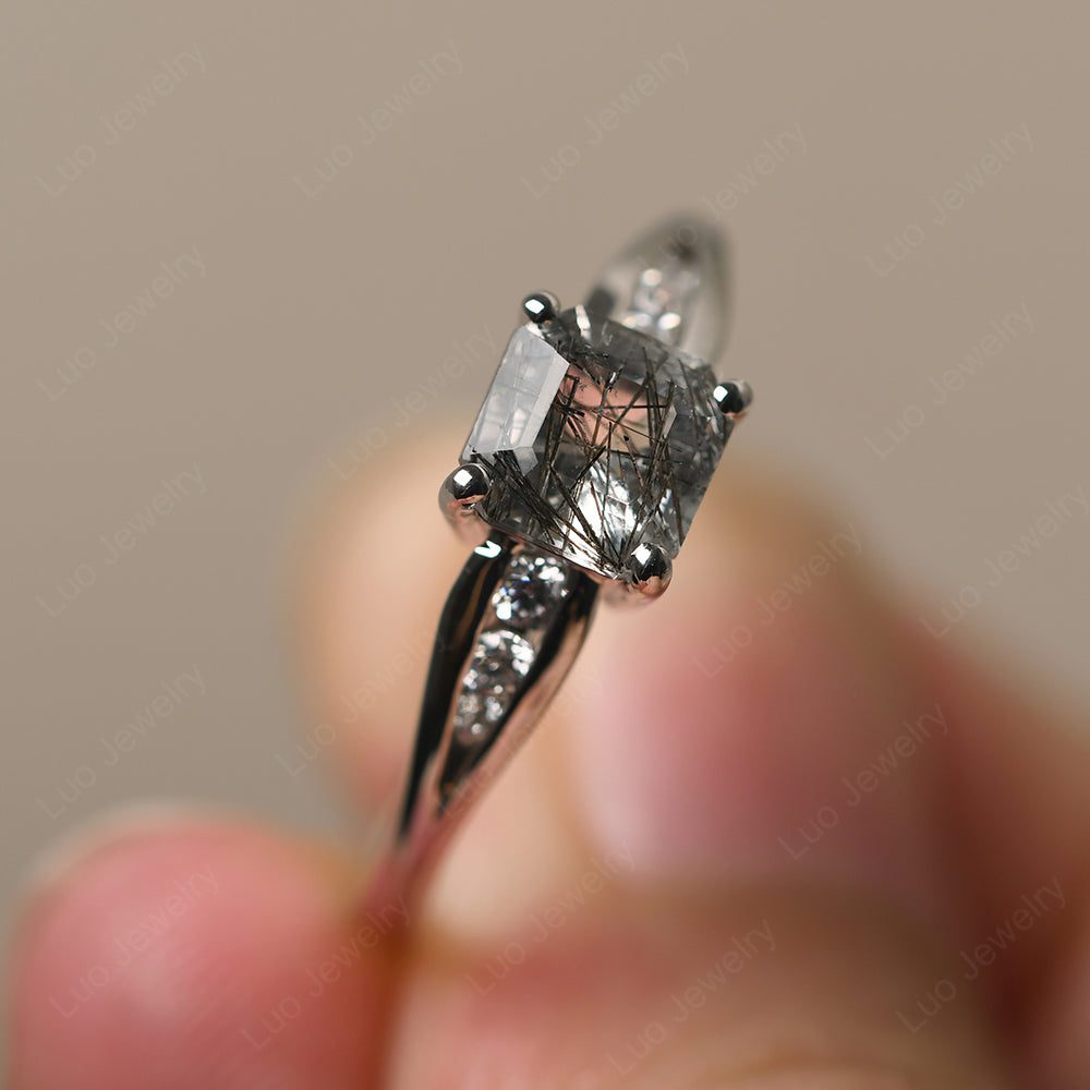 Black Rutilated Quartz Ring with Channel Set Band