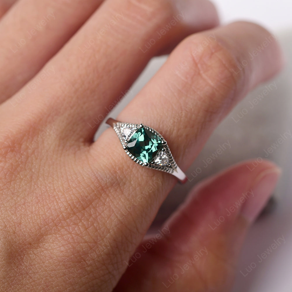 Vintage Green Sapphire Ring With Trillion Side Stone - LUO Jewelry