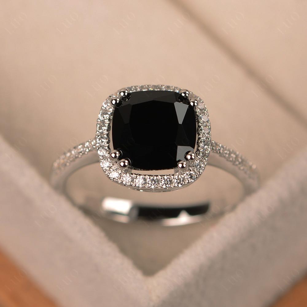 Cushion Cut Black Spinel Halo Ring - LUO Jewelry