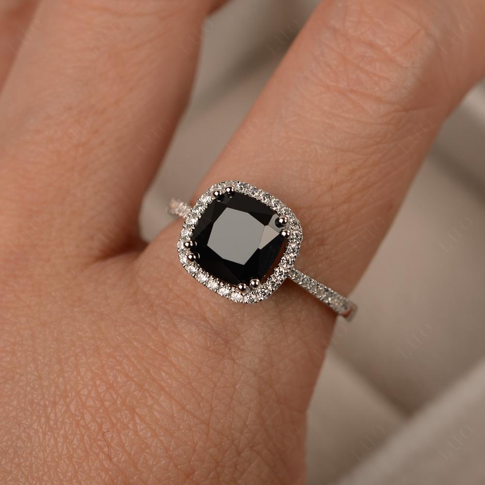 Cushion Cut Black Spinel Halo Ring - LUO Jewelry