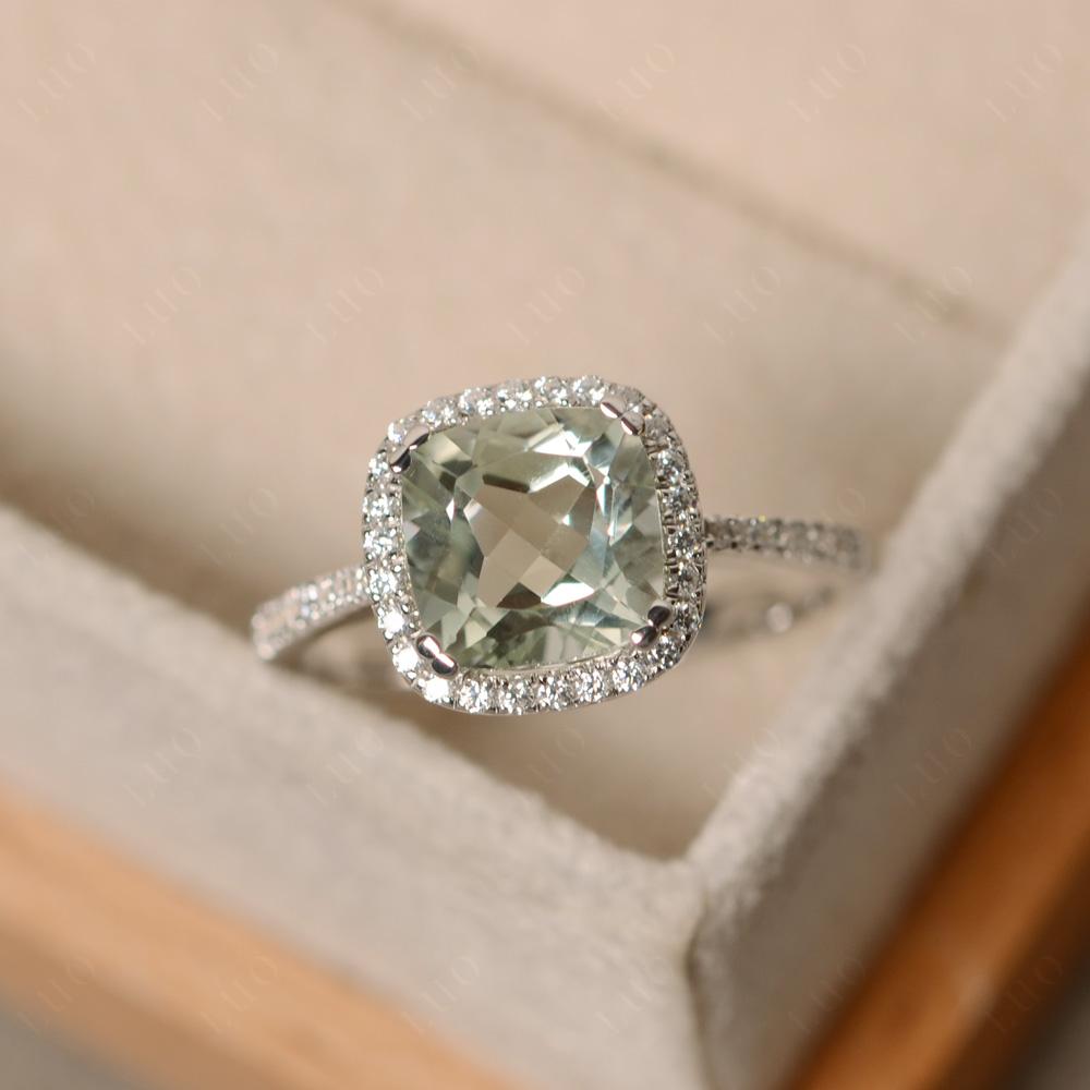 Cushion Cut Green Amethyst Halo Ring - LUO Jewelry