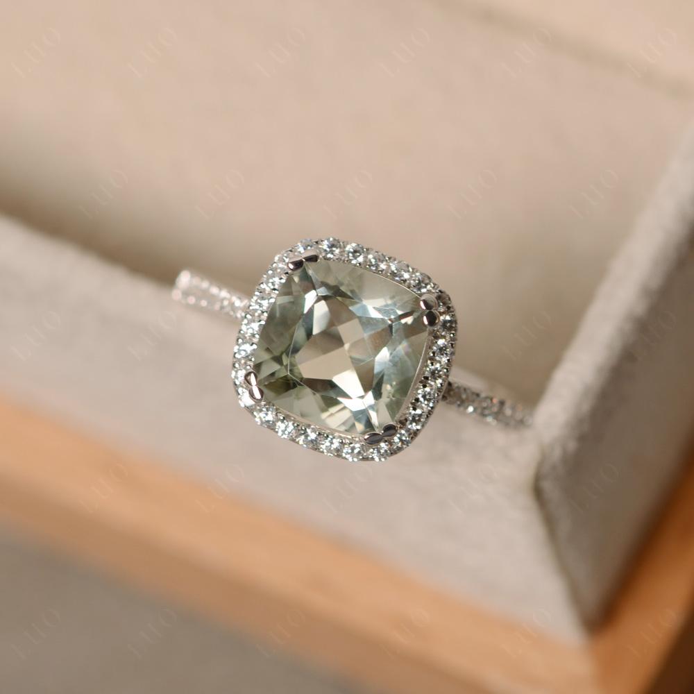 Cushion Cut Green Amethyst Halo Ring - LUO Jewelry