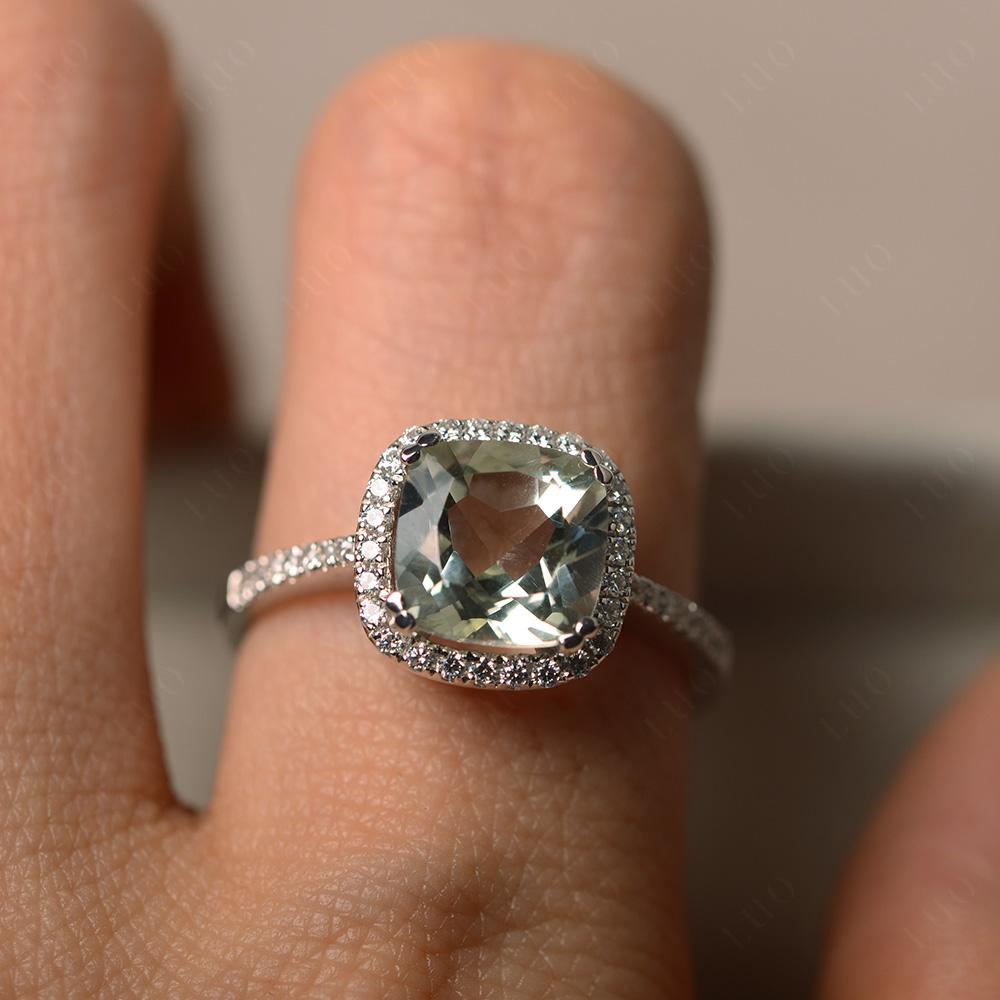 Cushion Cut Green Amethyst Halo Ring - LUO Jewelry