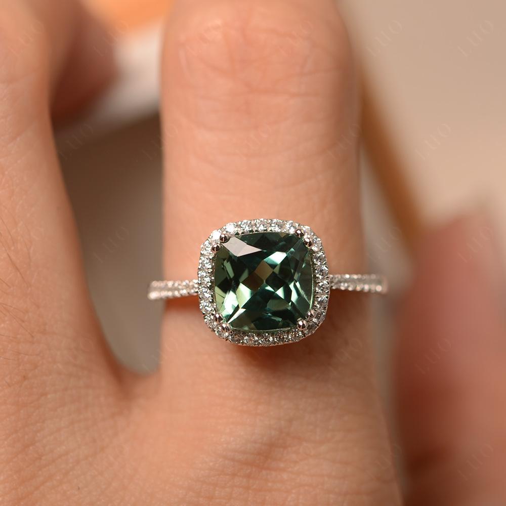 Cushion Cut Green Sapphire Halo Ring - LUO Jewelry