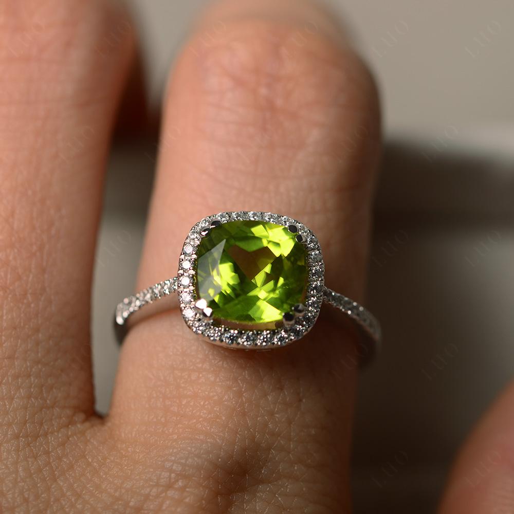 Cushion Cut Peridot Halo Ring - LUO Jewelry