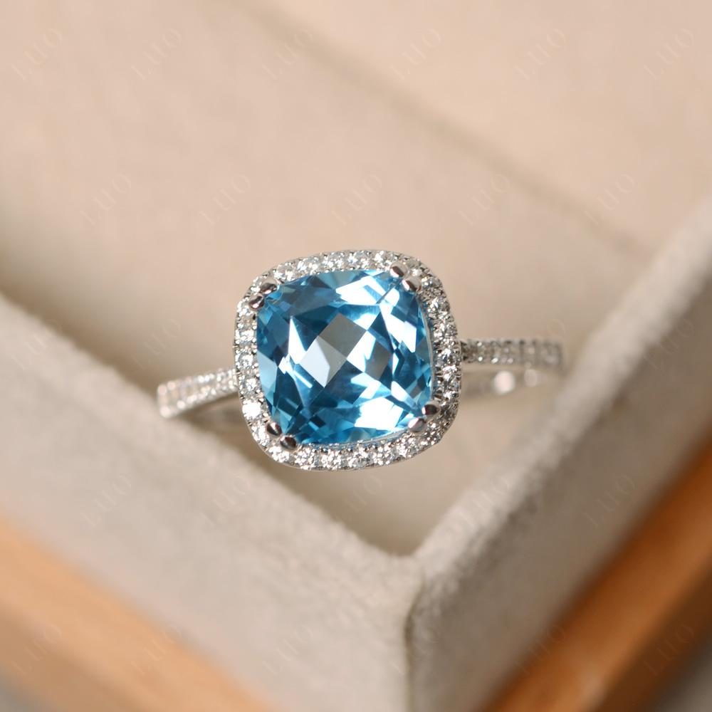 Cushion Cut Swiss Blue Topaz Halo Ring - LUO Jewelry