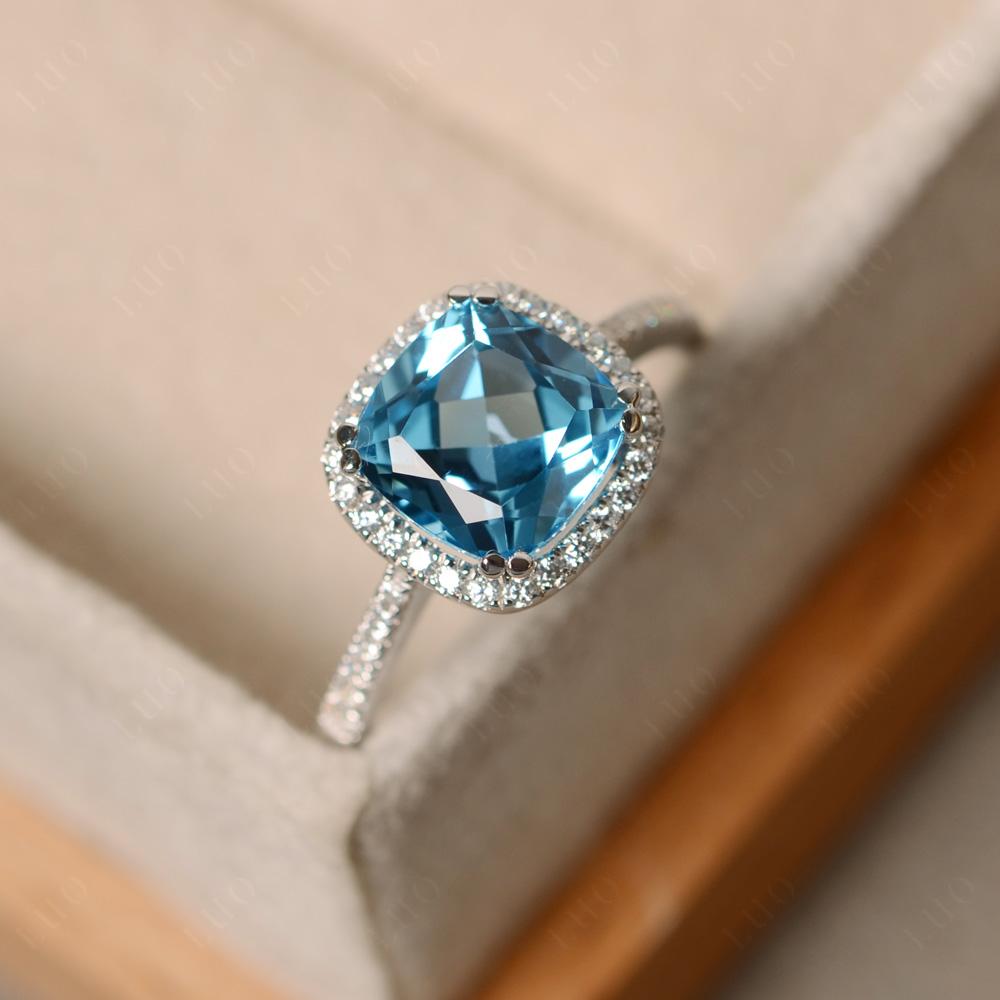 Cushion Cut Swiss Blue Topaz Halo Ring - LUO Jewelry