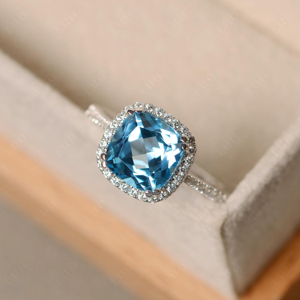 Cushion Cut Swiss Blue Topaz Halo Ring - LUO Jewelry
