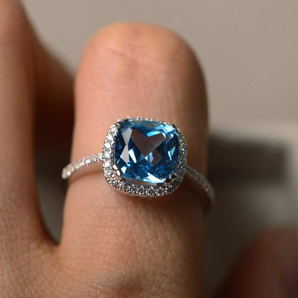 Cushion Cut Swiss Blue Topaz Halo Ring - LUO Jewelry