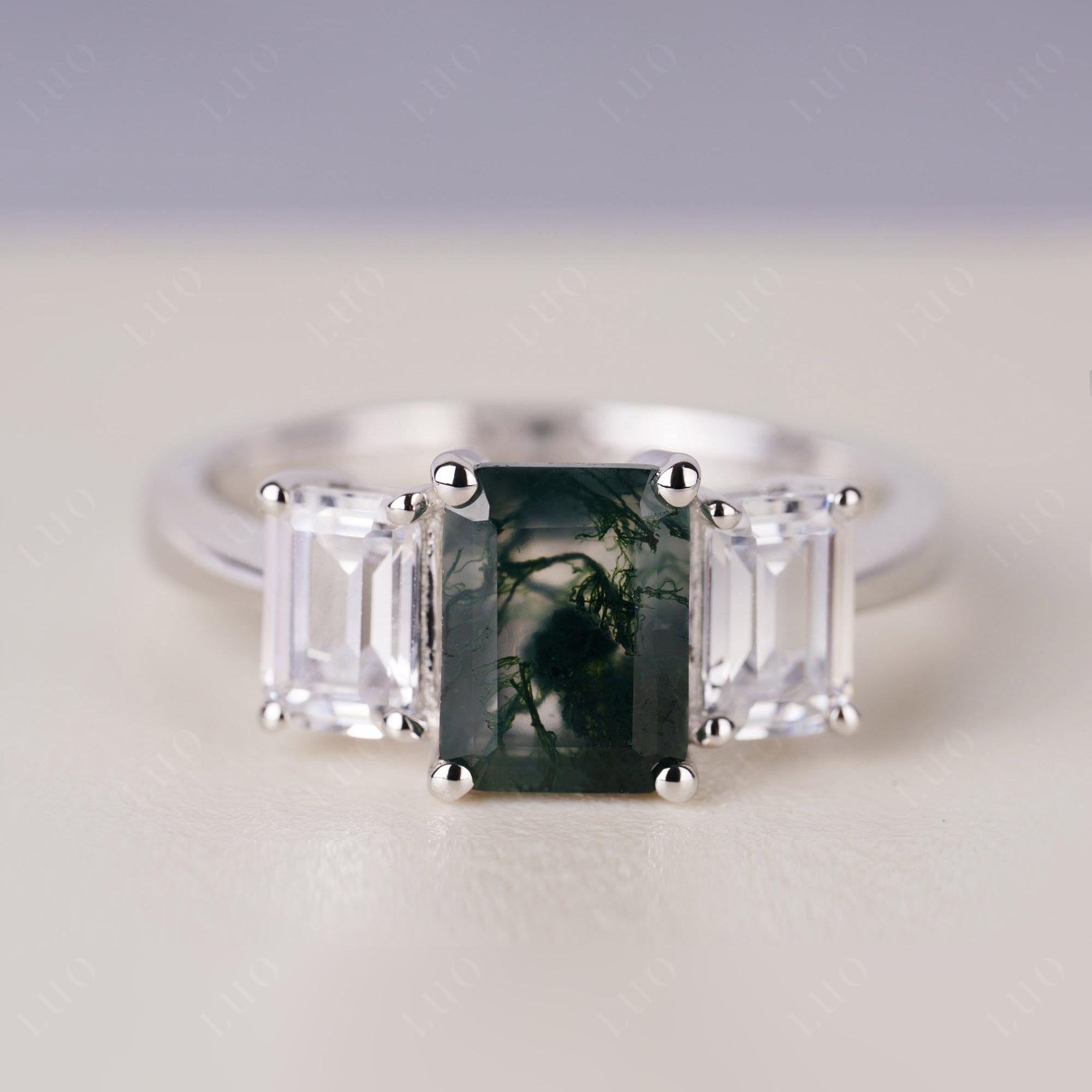 Moss Agate Three Stone Emerald Cut Ring | LUO Jewelry