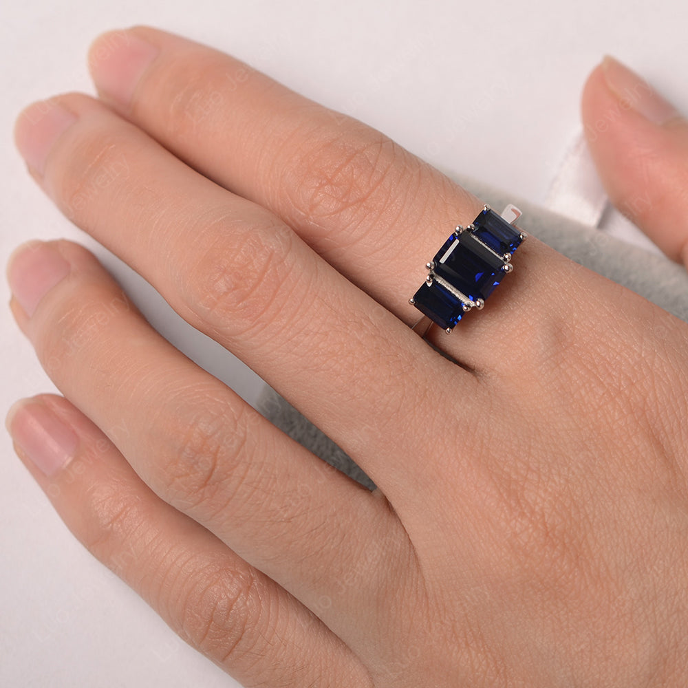 Emerald Cut Lab Sapphire 3 Stone Mothers Ring - LUO Jewelry