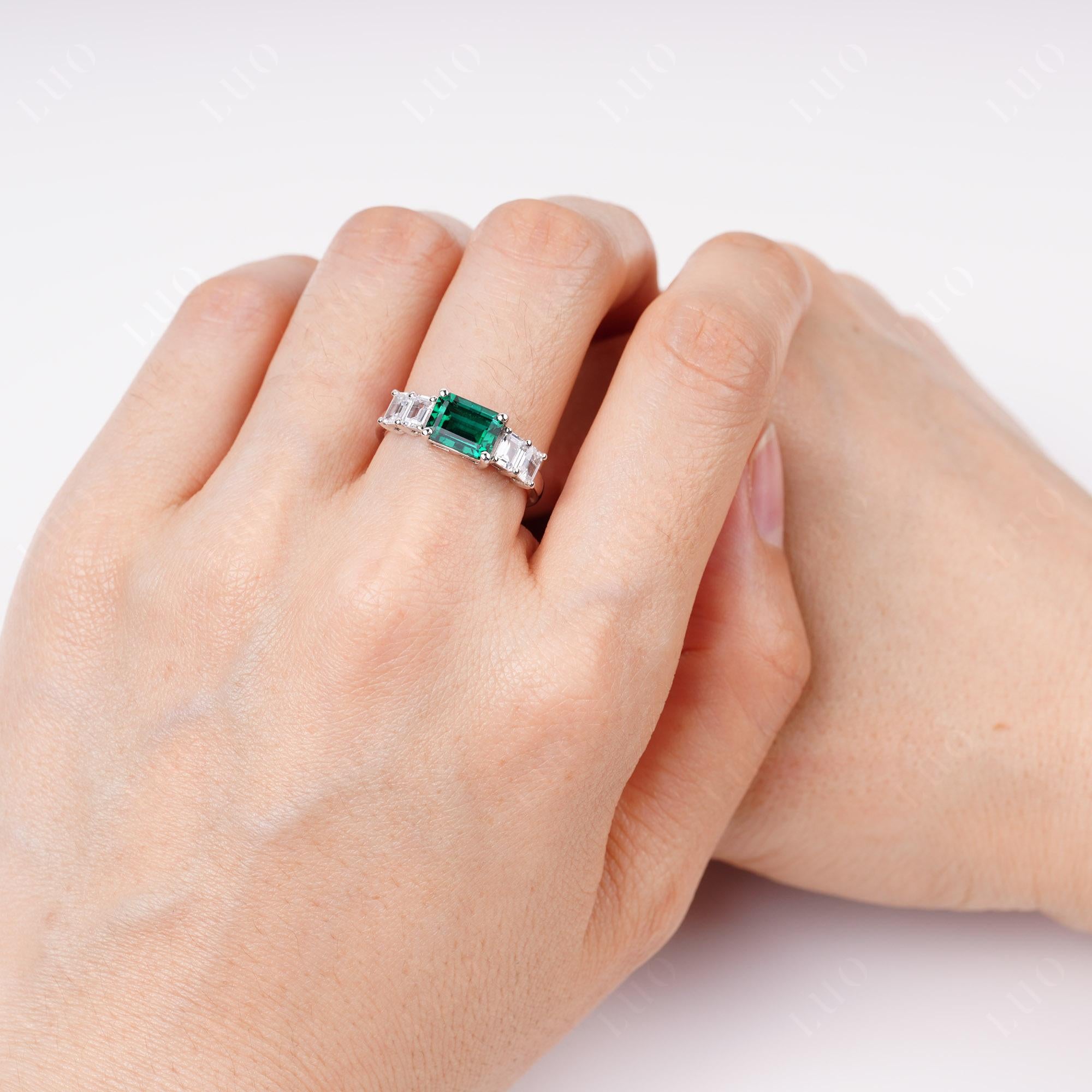 East West Emerald Cut Emerald Ring | LUO Jewelry