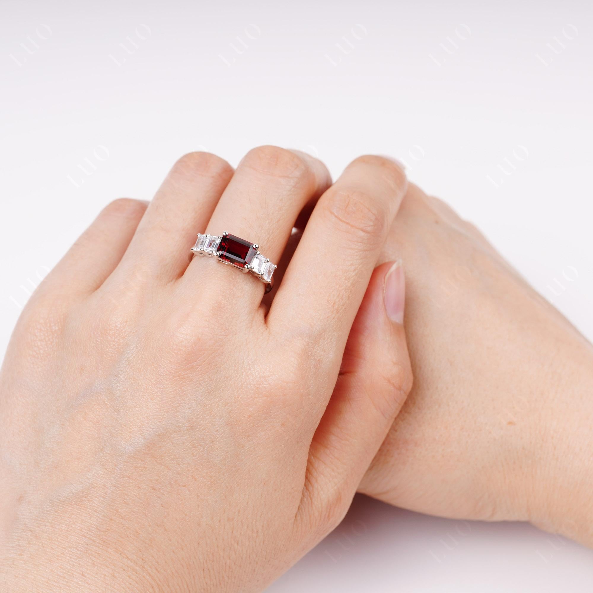East West Emerald Cut Garnet Ring | LUO Jewelry
