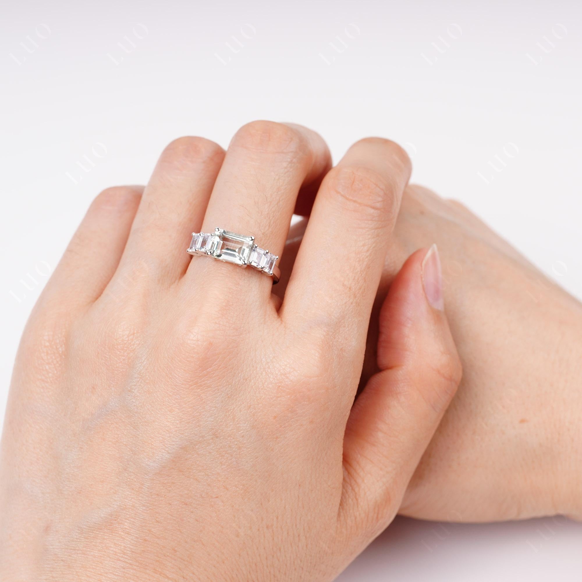 East West Emerald Cut Green Amethyst Ring | LUO Jewelry