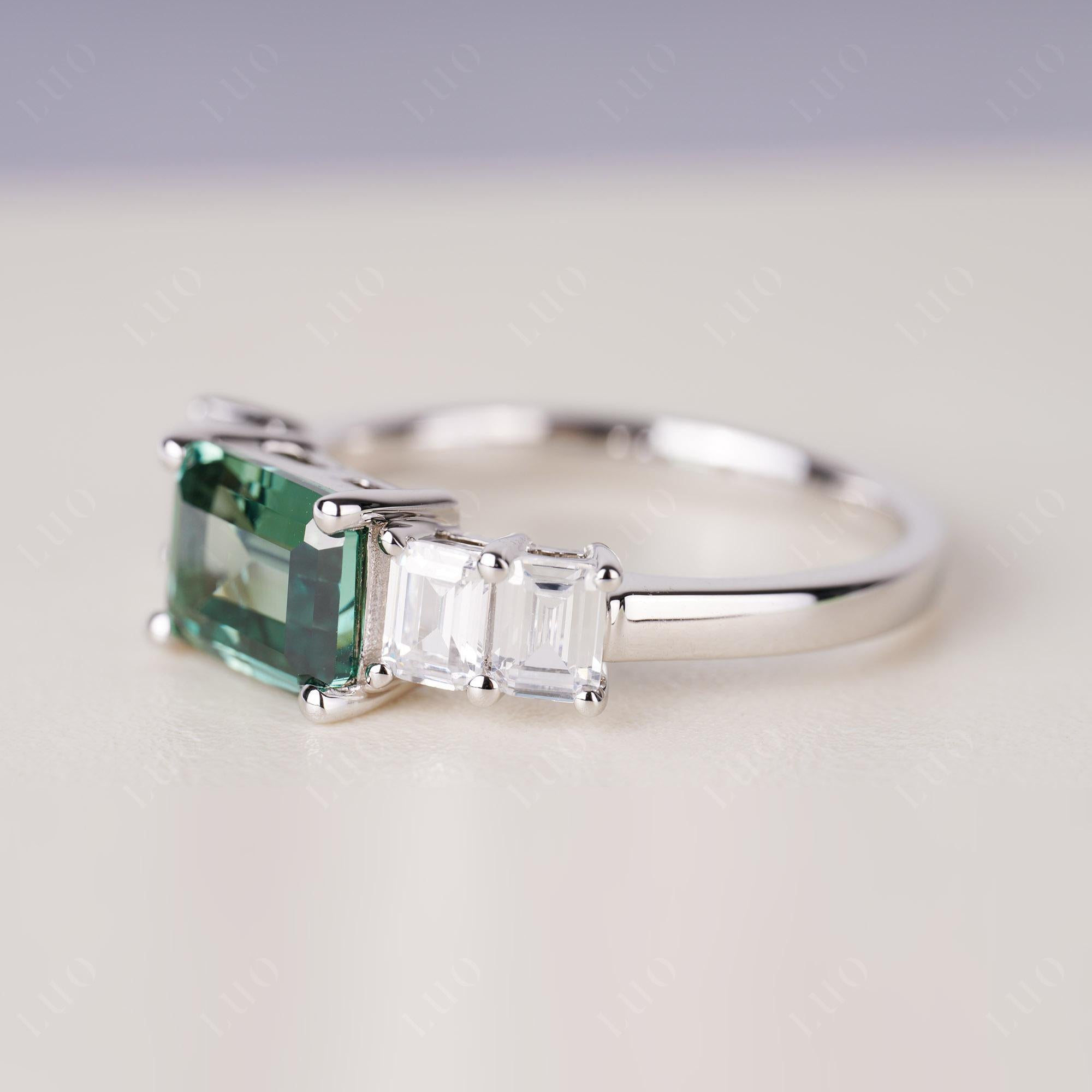 East West Emerald Cut Green Sapphire Ring | LUO Jewelry