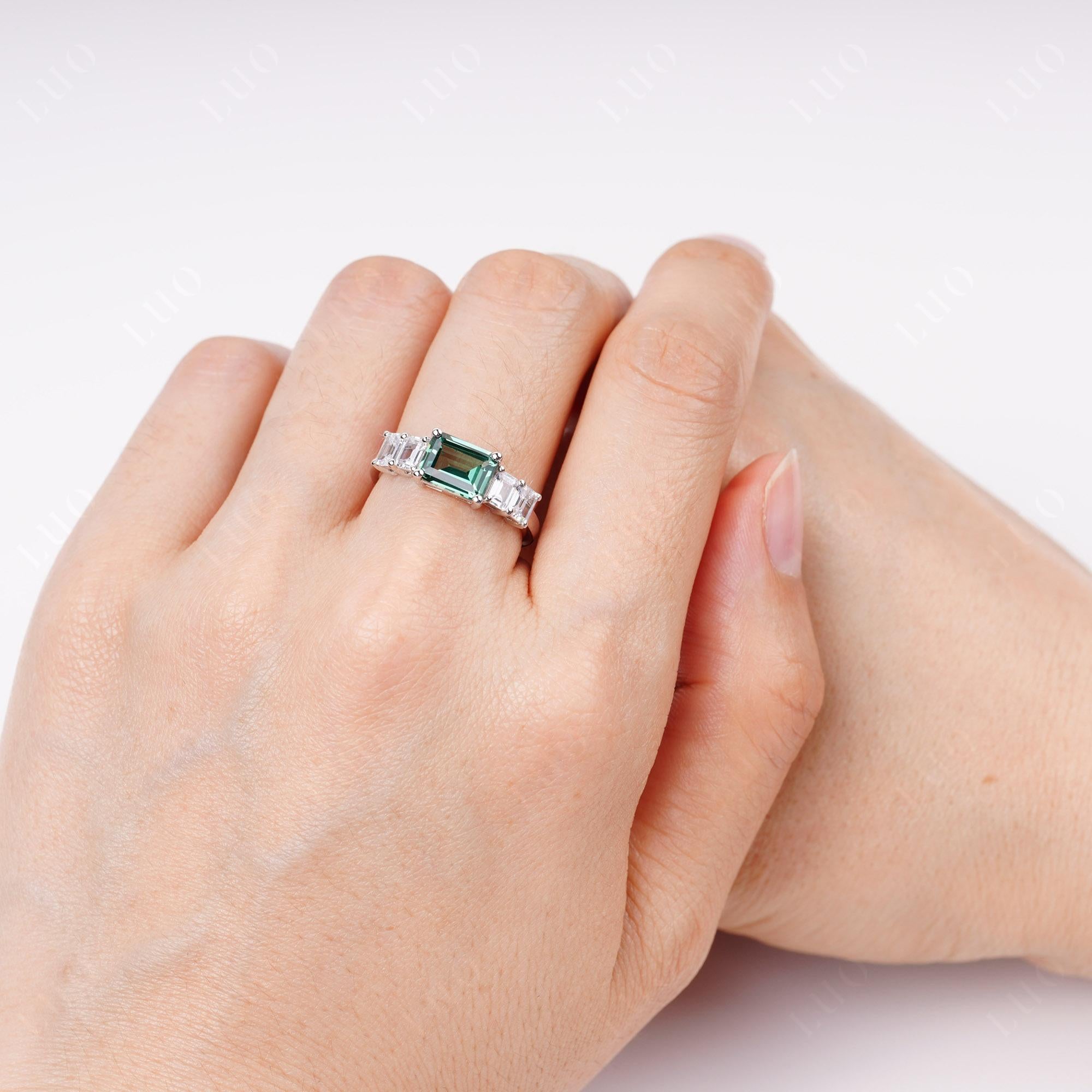 East West Emerald Cut Green Sapphire Ring | LUO Jewelry