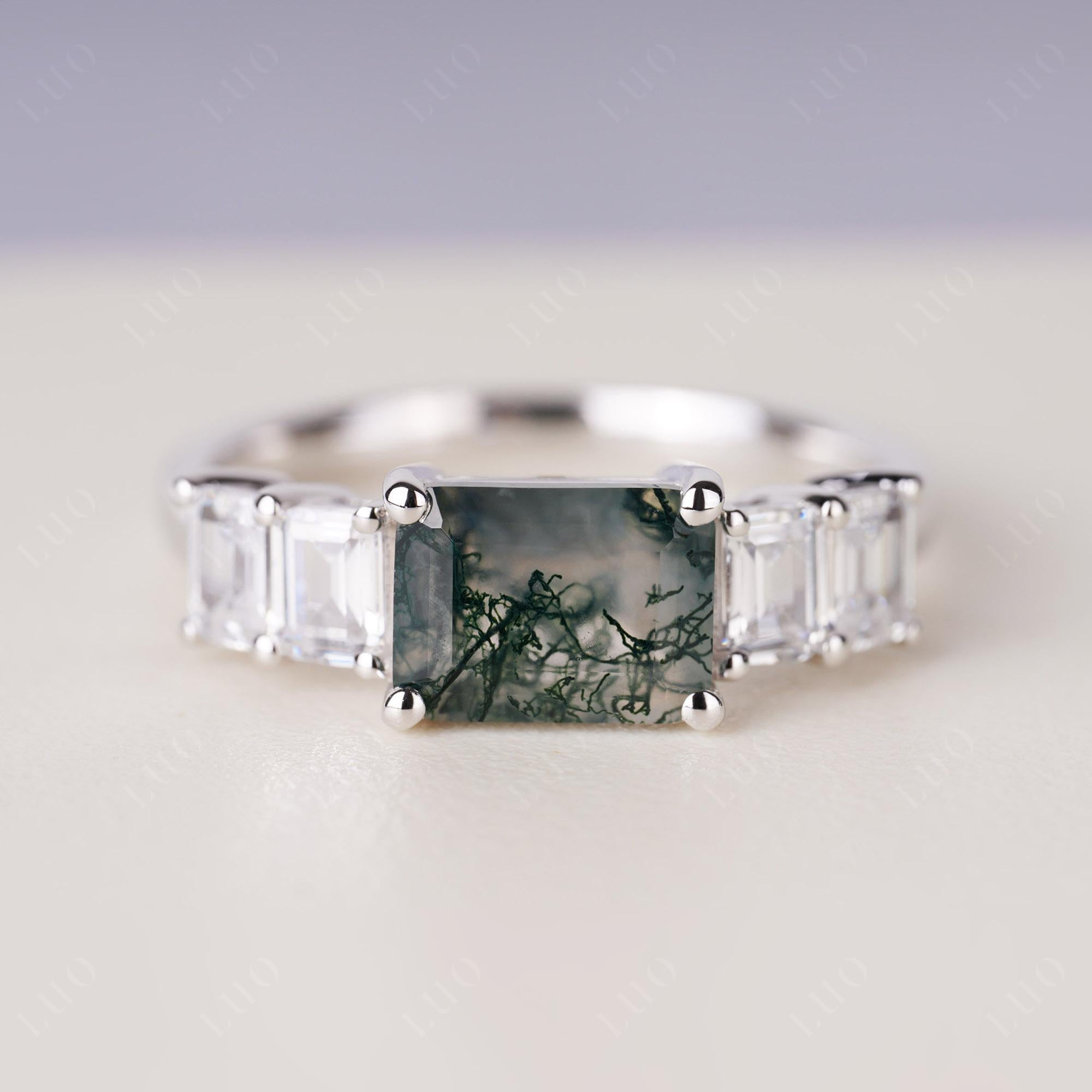 East West Emerald Cut Moss Agate Ring | LUO Jewelry